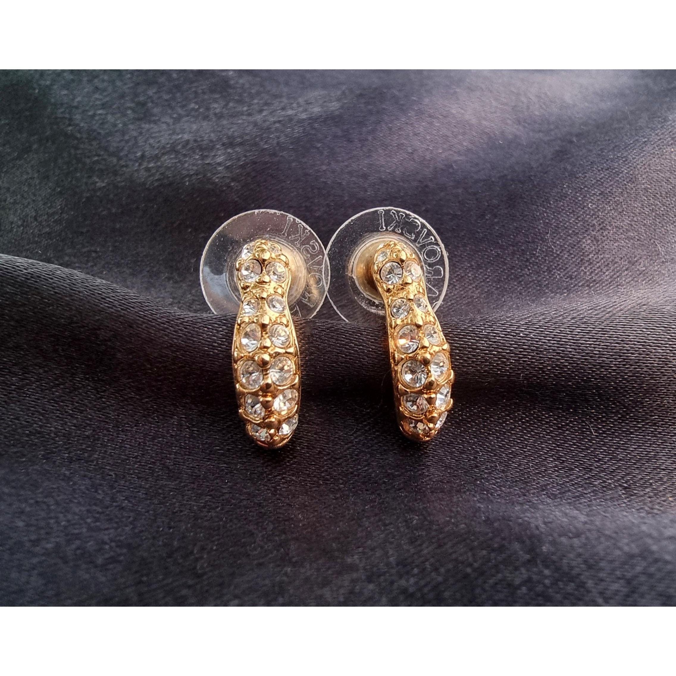 Swarovski Vintage SWAROVSKI Signed Gold Tone Crystal Tiny Half Hoop Ea Size ONE SIZE - 4 Thumbnail