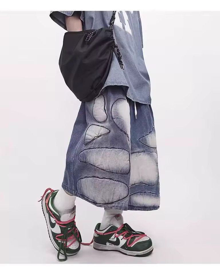 Other Distressed Patchwork Wide Leg Denim Hip Hop Shorts Size US 30 / EU 46 - 3 Thumbnail