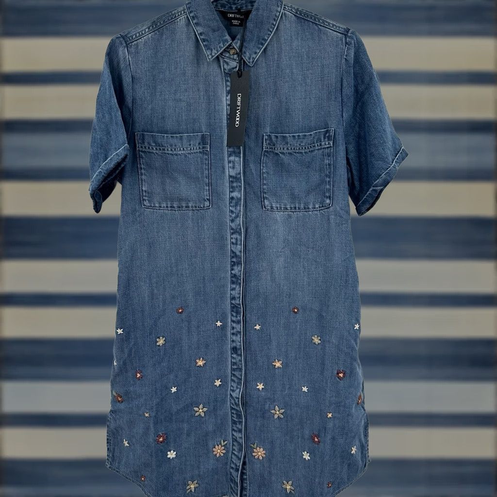 Vintage VINTAGE Driftwood Floral Embroidered Denim Shirt Dress Blue Short Sleeve XS Womens Dress Size XS / US 0-2 / IT 36-38 - 1 Thumbnail