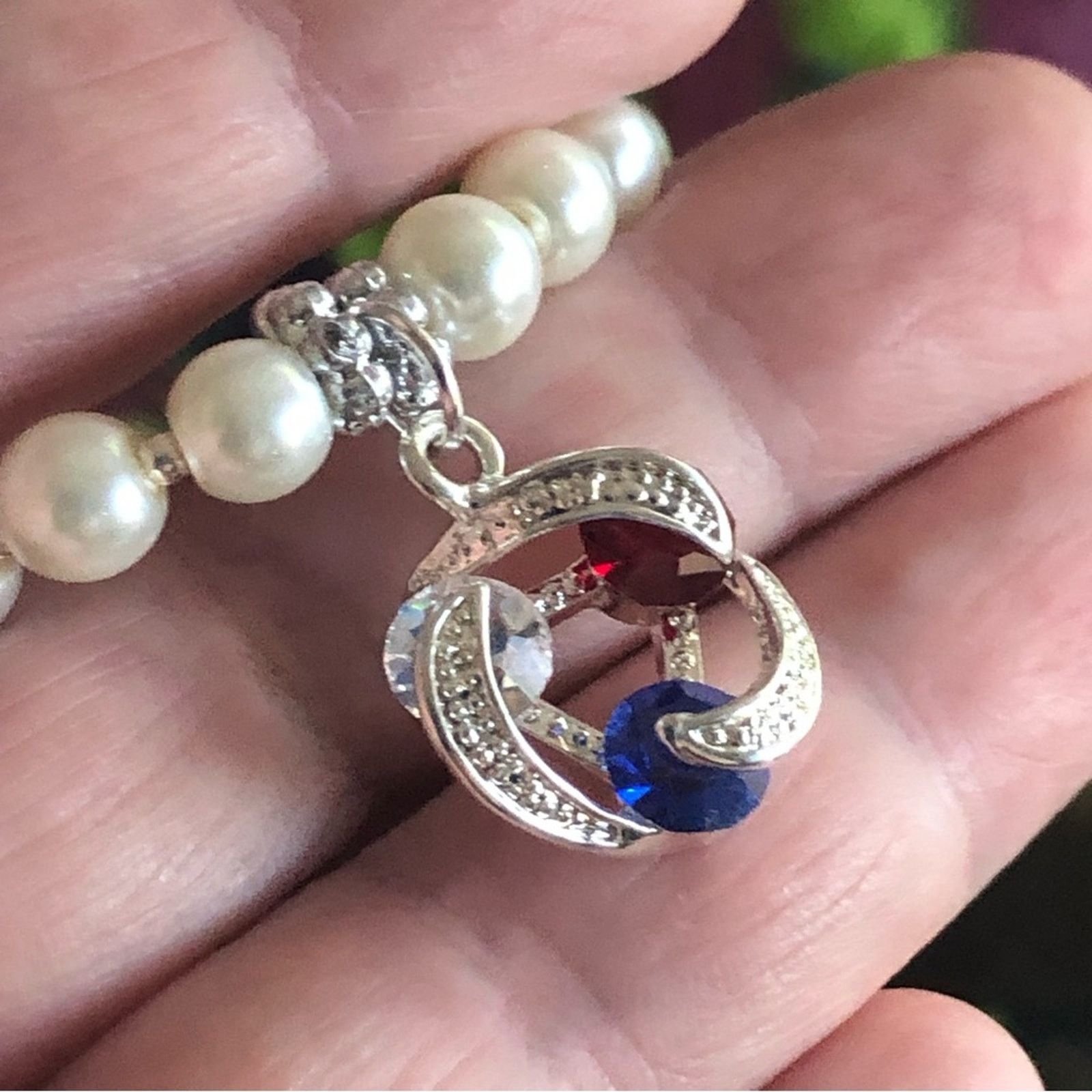 Handmade Handcrafted repurpose red white & blue stone Pearl necklace Size ONE SIZE - 8 Thumbnail