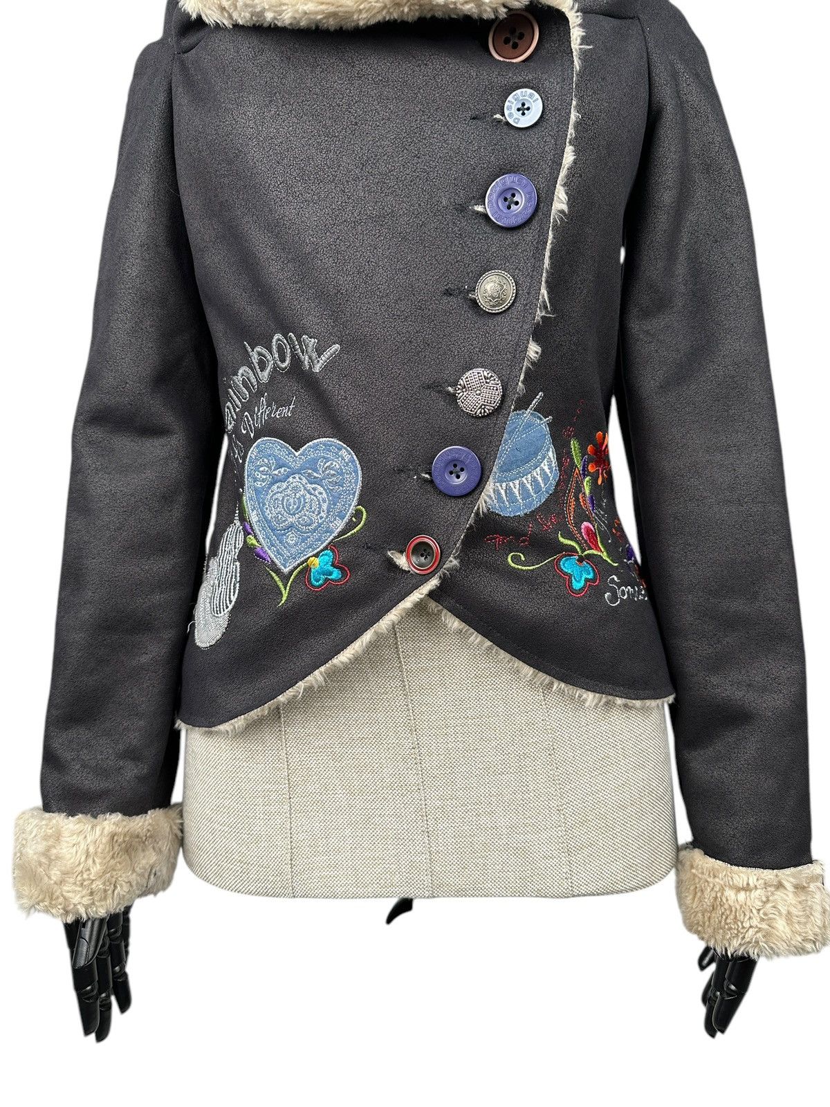 Desigual DESIGUAL RAINBOW WOMEN’S SHORT JACKET FAUX FUR BLACK COAT Size XS / US 0-2 / IT 36-38 - 4 Thumbnail
