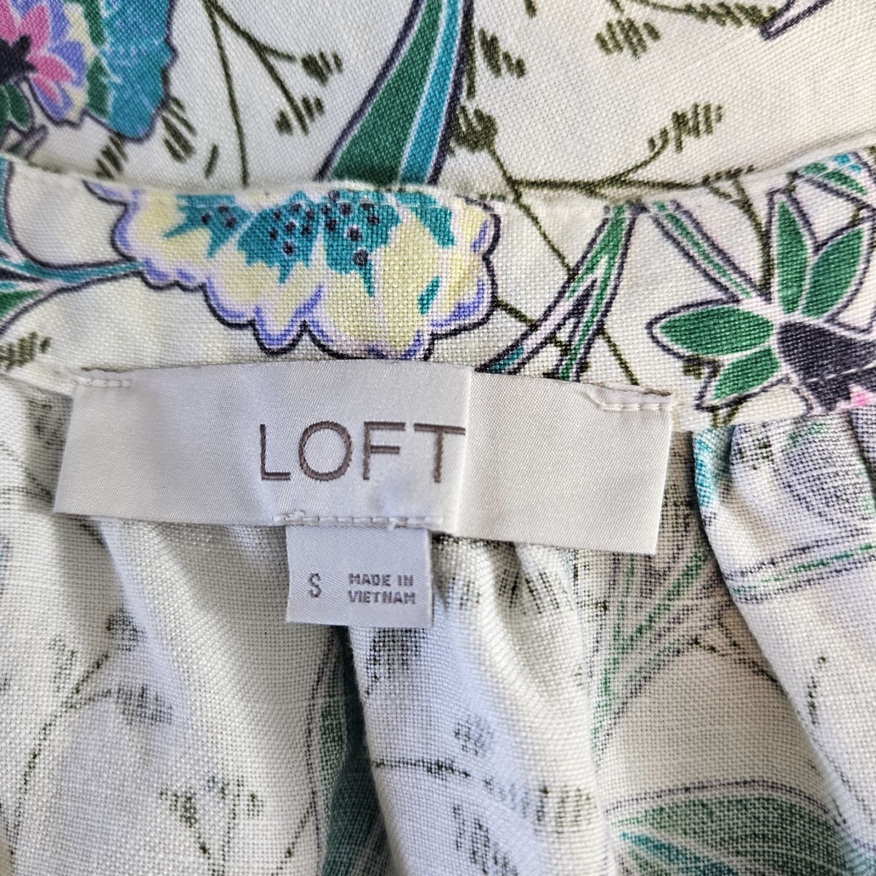 Loft LOFT Ann Taylor Womens Midi Dress S Floral Linen Viscose Belted Green Pink A-Line Short Sleeve 43" Length Womens Size S / US 4 / IT 40 - 6 Thumbnail