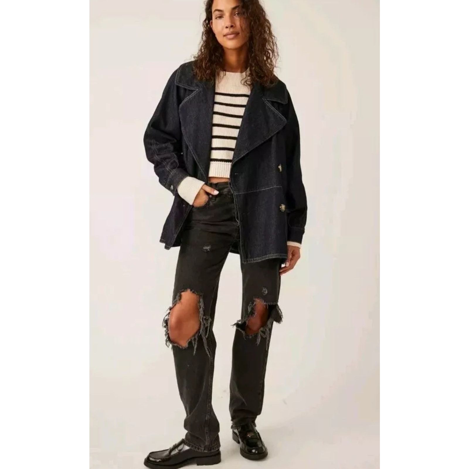 Free People New FREE PEOPLE Denim Car Coat $148 SMALL Dark Blue Indigo Size S / US 4 / IT 40 - 3 Thumbnail