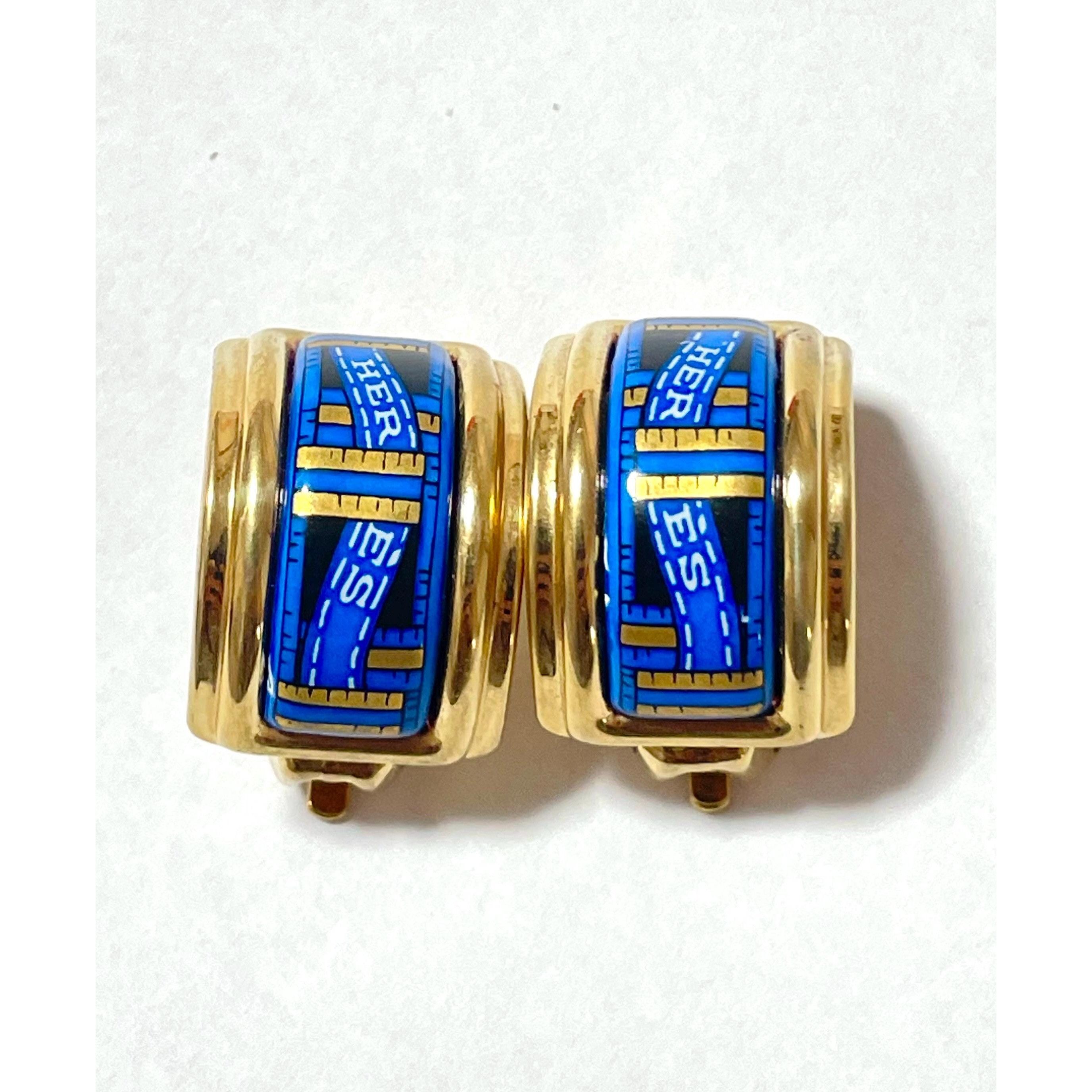 Hermes Vintage Hermes cloisonne, enamel golden earrings with blue Size ONE SIZE - 2 Thumbnail