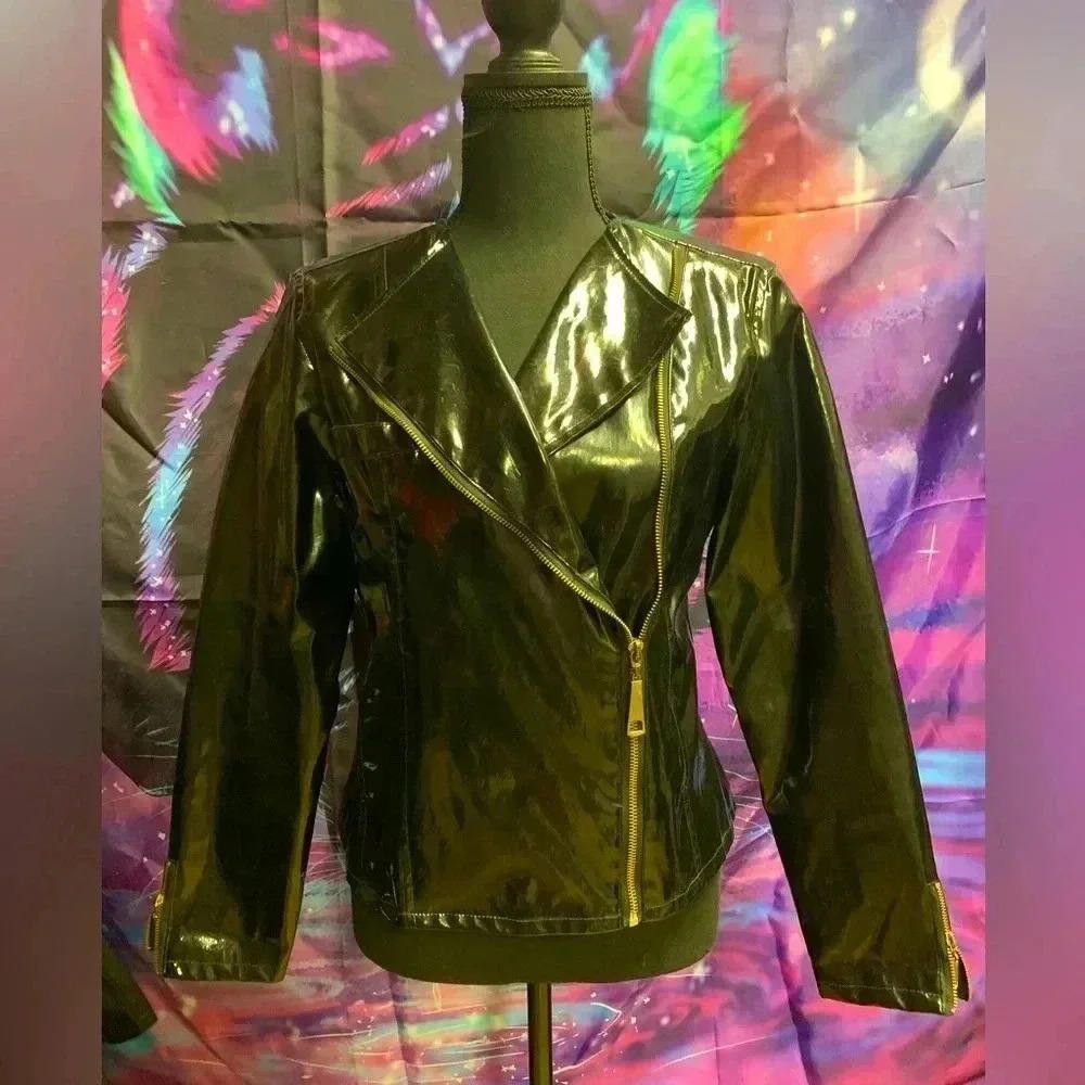 Designer LAL Live a Little Black Shiny Moto Jacket Size M / US 6-8 / IT 42-44 - 1 Thumbnail