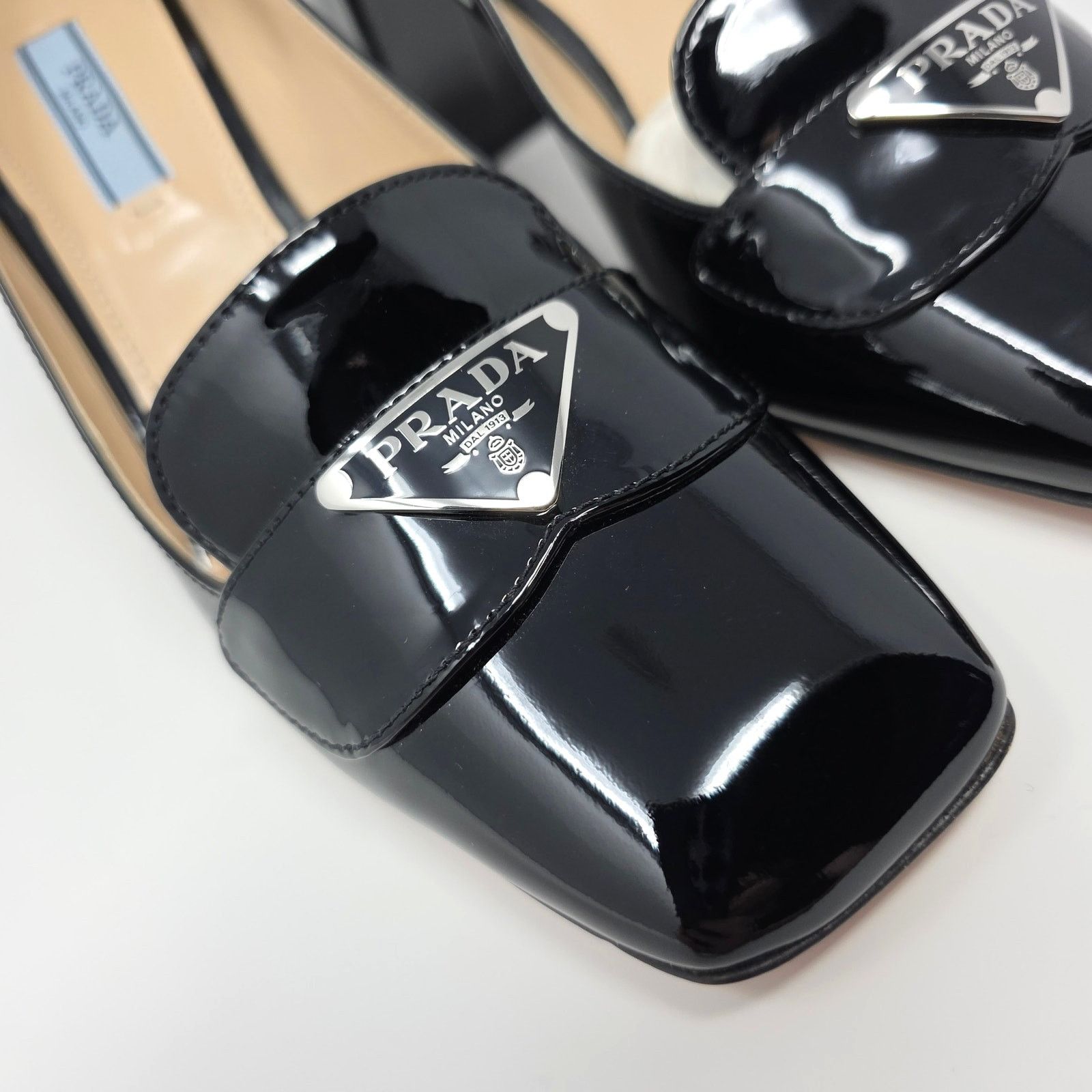 Prada Prada Square Toe Patent Loafer Pumps Black Logo 37 Size US 7 / IT 37 - 2 Thumbnail