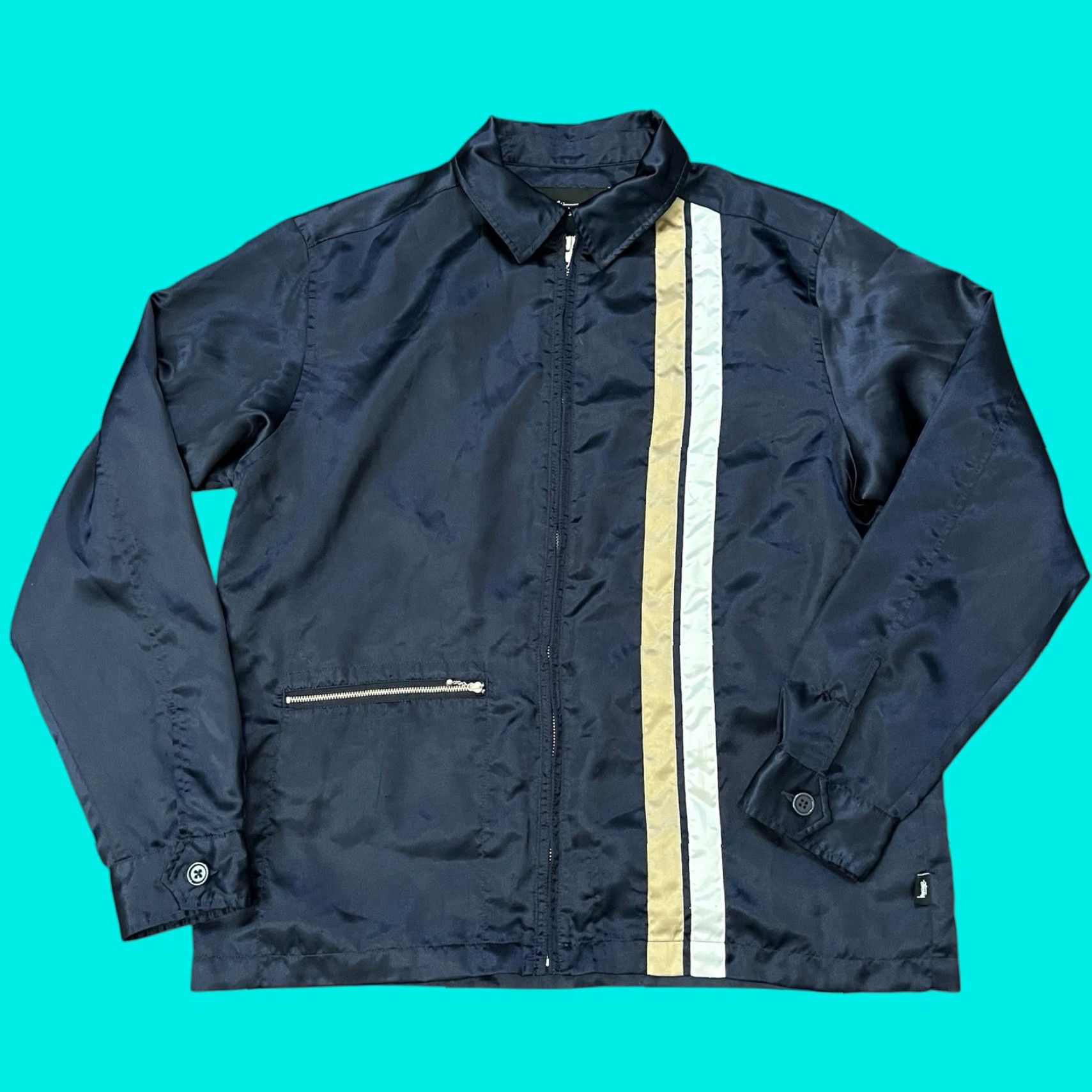 Vintage Stussy Mens Navy Blue Satin Racing Full Zip Jacket Medium Cafe Vintage RARE Size US M / EU 48-50 / 2 - 1 Thumbnail