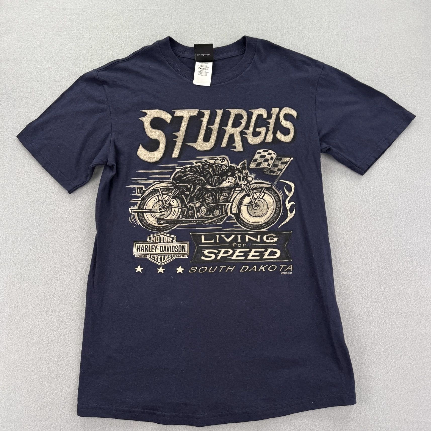 Harley Davidson VINTAGE Harley-Davidson Shirt Mens Medium Navy Blue Living For Speed Sturgis South Dakota Moto Graphic Print Back Bar & Shield 90s Team? Size US M / EU 48-50 / 2 - 2 Thumbnail