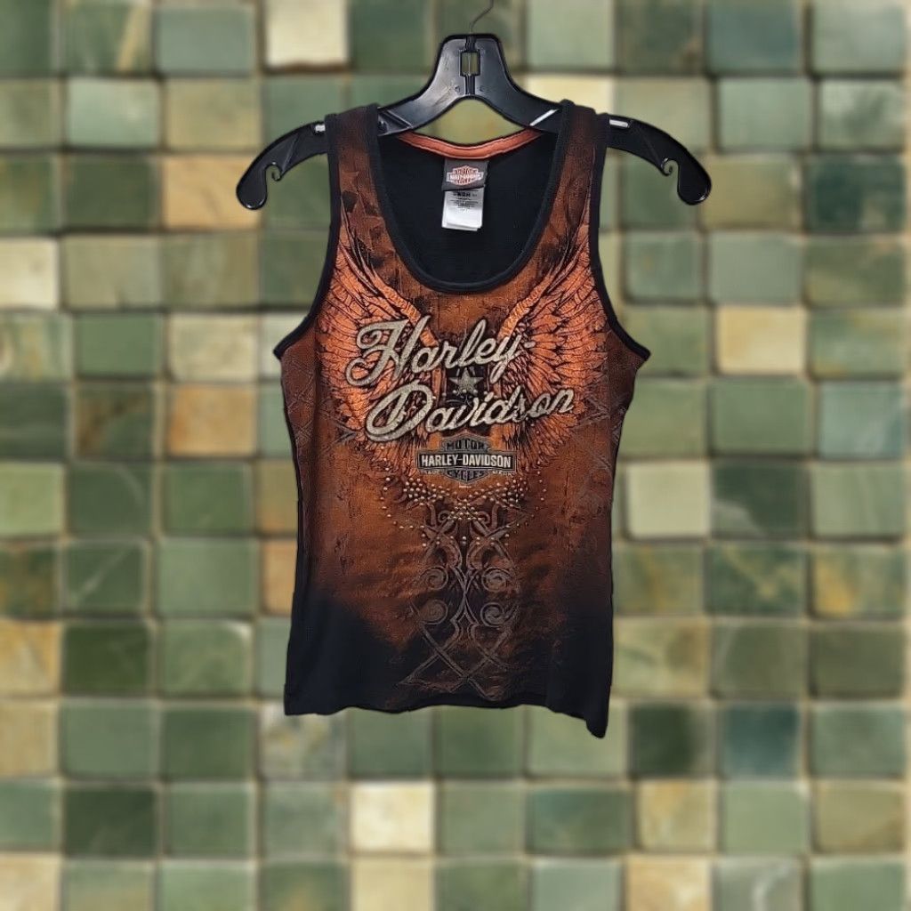 Harley Davidson Harley-Davidson Graphic Tank Top Womens Small Black Orange Myrtle Beach Y2k Tank Women's S Orange Graphic Print Studded Logo Size S / US 4 / IT 40 - 1 Thumbnail