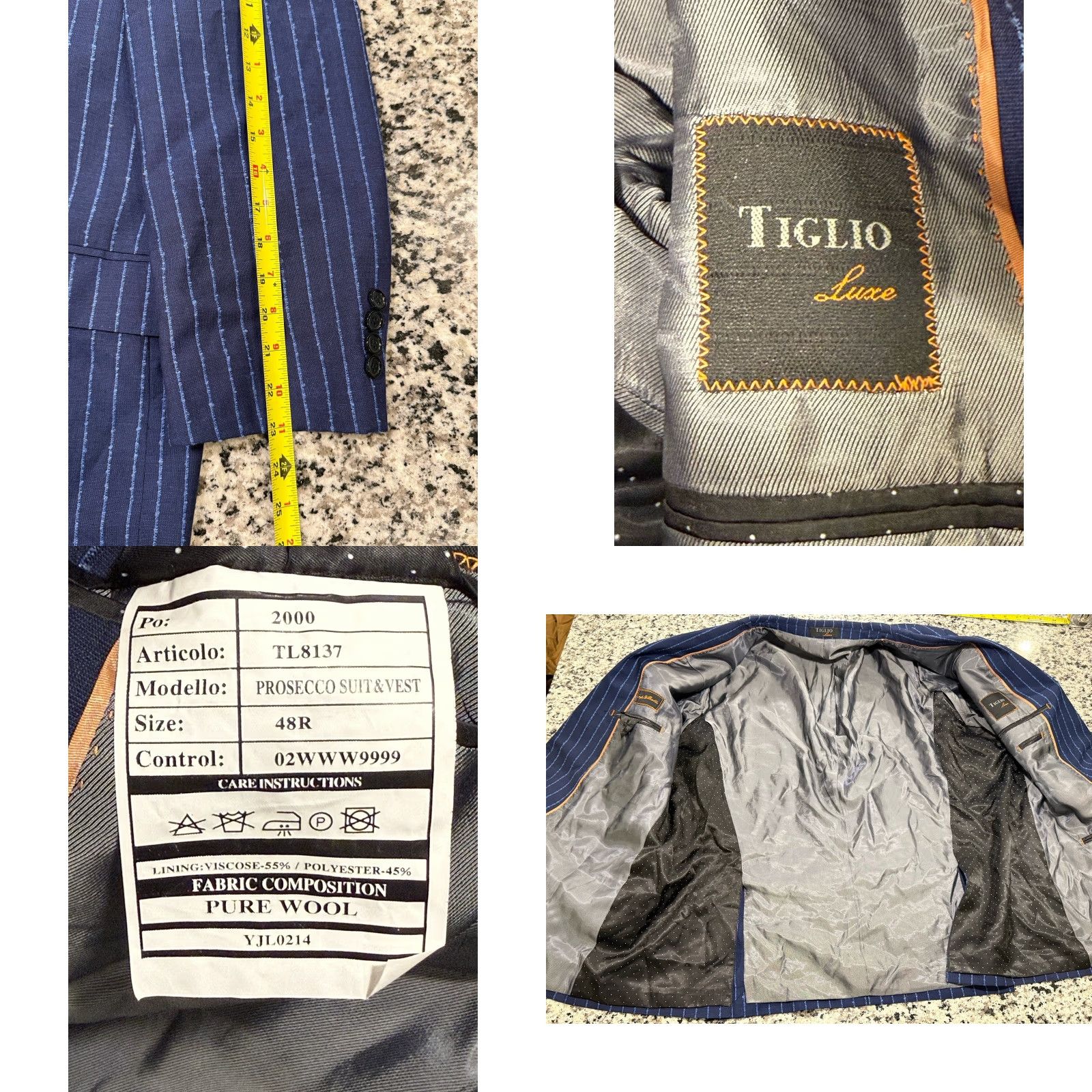 Vintage Tiglio Luxe Men's 48R Prosecco Jacket Blue Pin Stripes Wool Blazer Size 48R - 8 Thumbnail