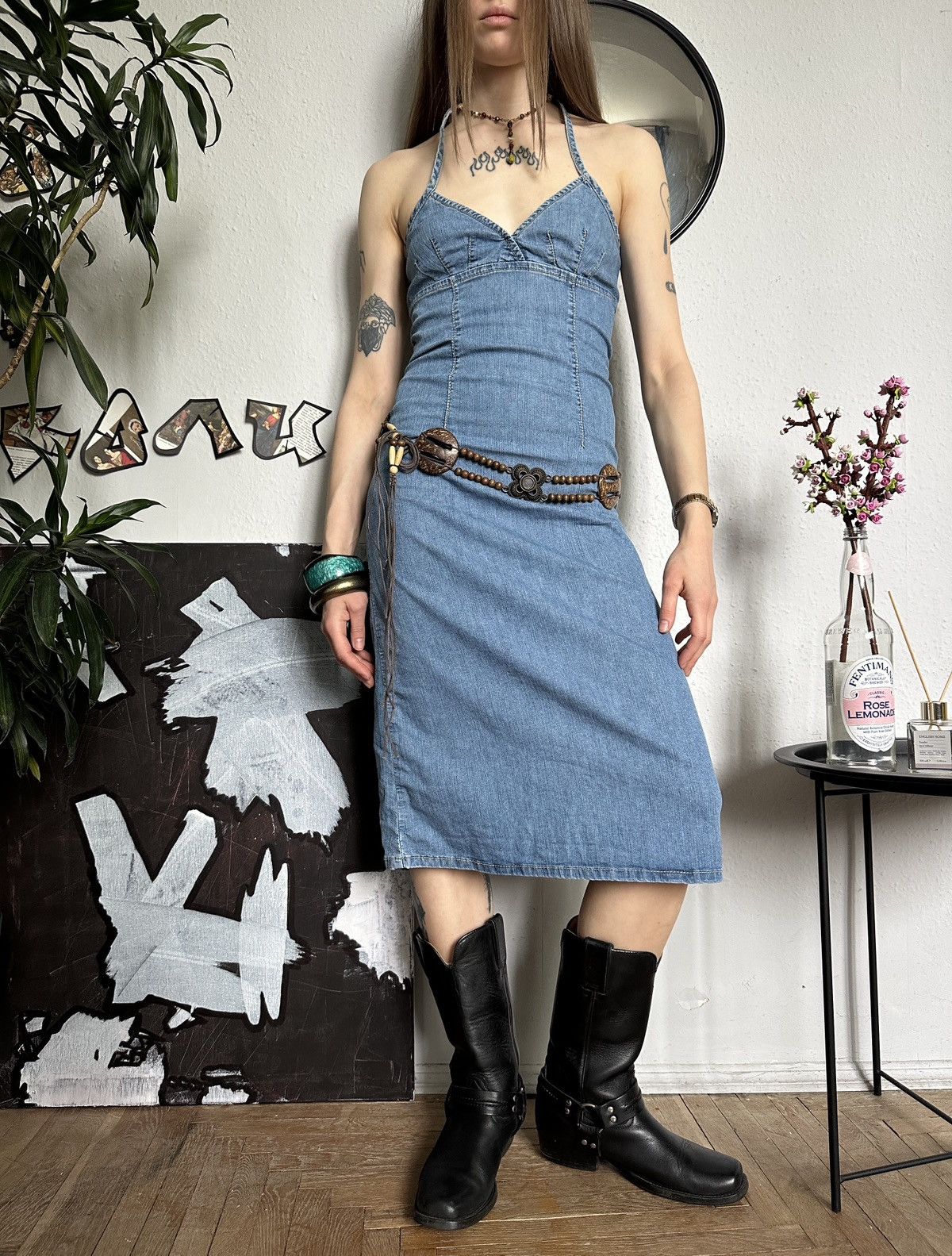 Vintage Cute Summer Vintage Halter Sundress Denim Midi Dress y2k Size S / US 4 / IT 40 - 2 Thumbnail