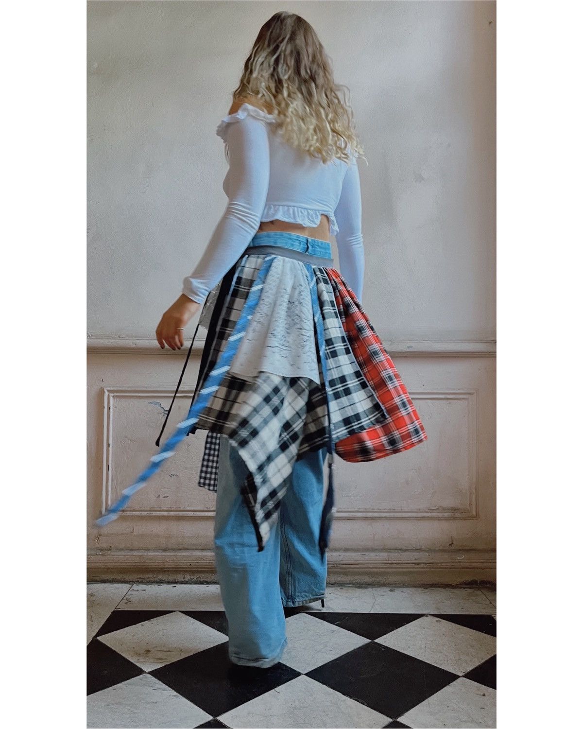 Custommade Upcycled Plaid & Lace Midi Belt Skirt / peplum belt Size 28" / US 6 / IT 42 - 3 Thumbnail