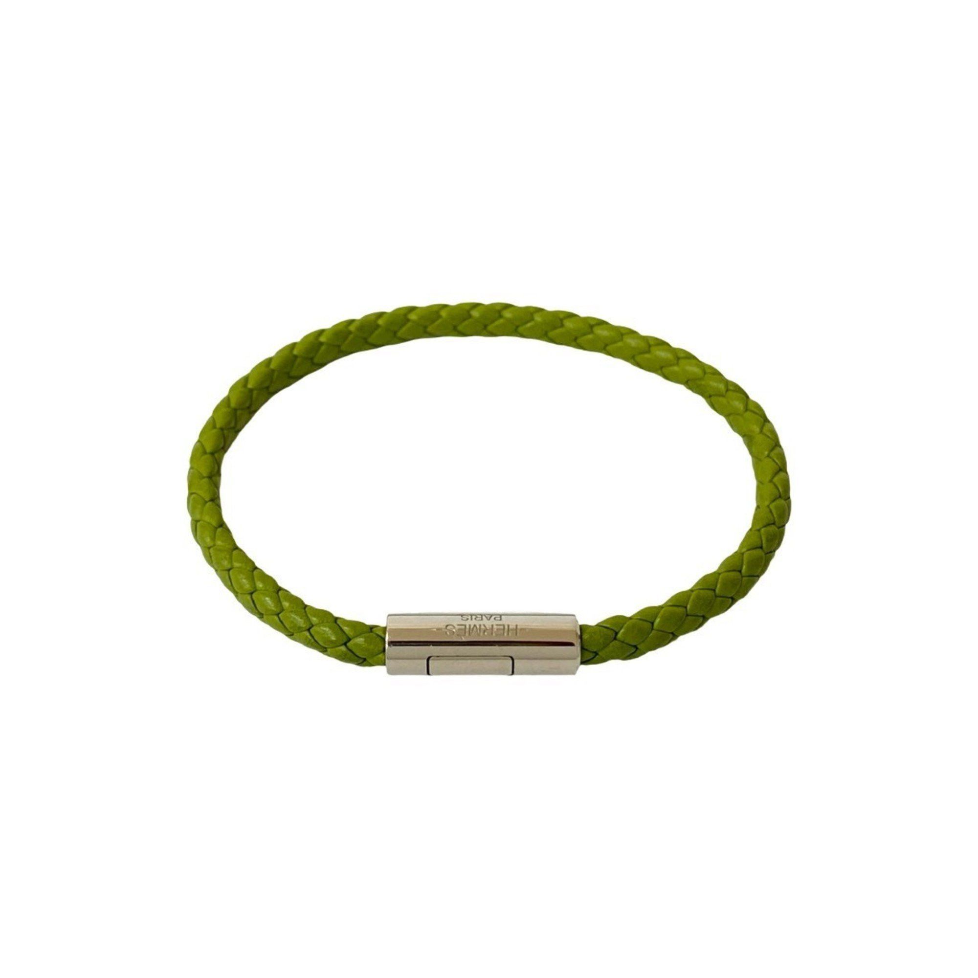 Hermes HERMES Goliath Braided Leather Bracelet/Bangle in Light Green and Silver (99739) Size ONE SIZE - 1 Thumbnail