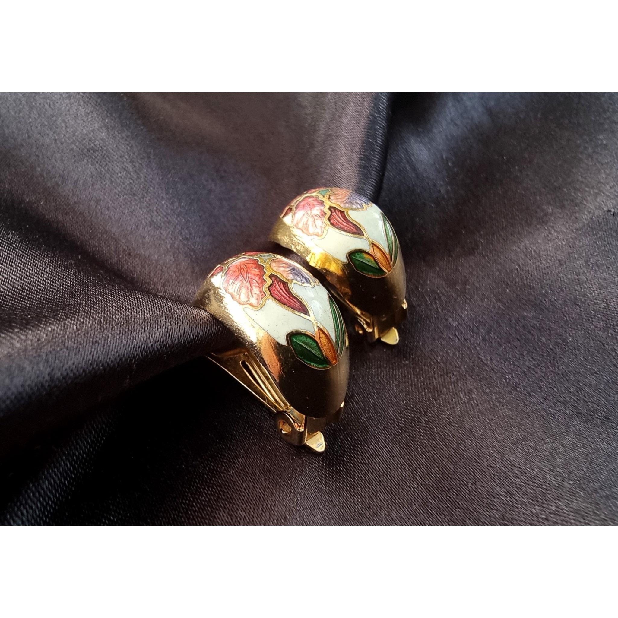 Vintage Vintage Flowers Earrings Cloisonne Clip-On Gold Tone Size ONE SIZE - 5 Thumbnail