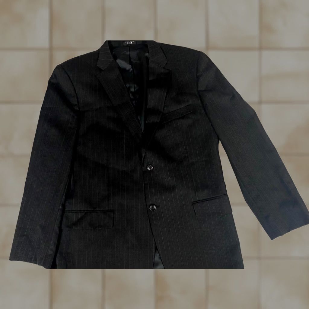Jones New York Jones New York Mens Blazer 42 Black Classic Striped Tweed Wool Polyester Jacket Coat One Button Single-Breasted Peak Lapel Mens Blazer Size 42R - 1 Thumbnail