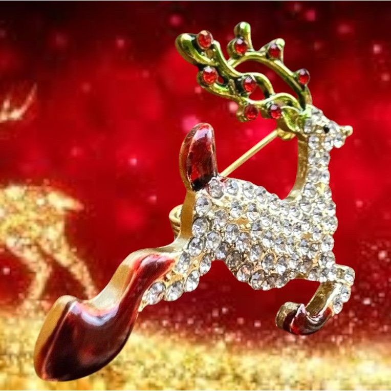 Handmade Reindeer Brooch Pin Rudolph Christmas Eve New Crystal Accent Size ONE SIZE - 6 Thumbnail