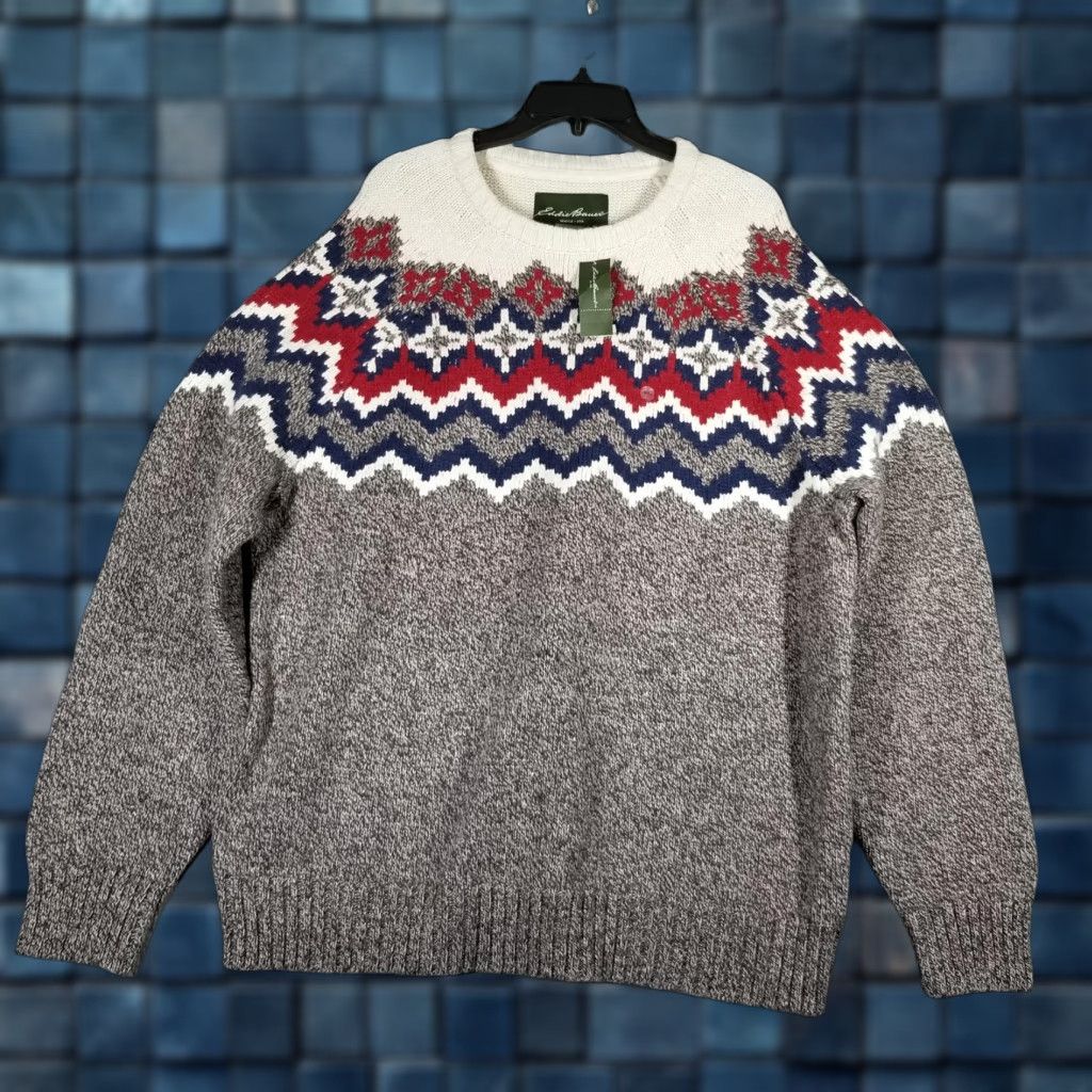 Eddie Bauer Fair Isle Sweater Mens XL Gray Knit Raglan Crewneck Wool Blend