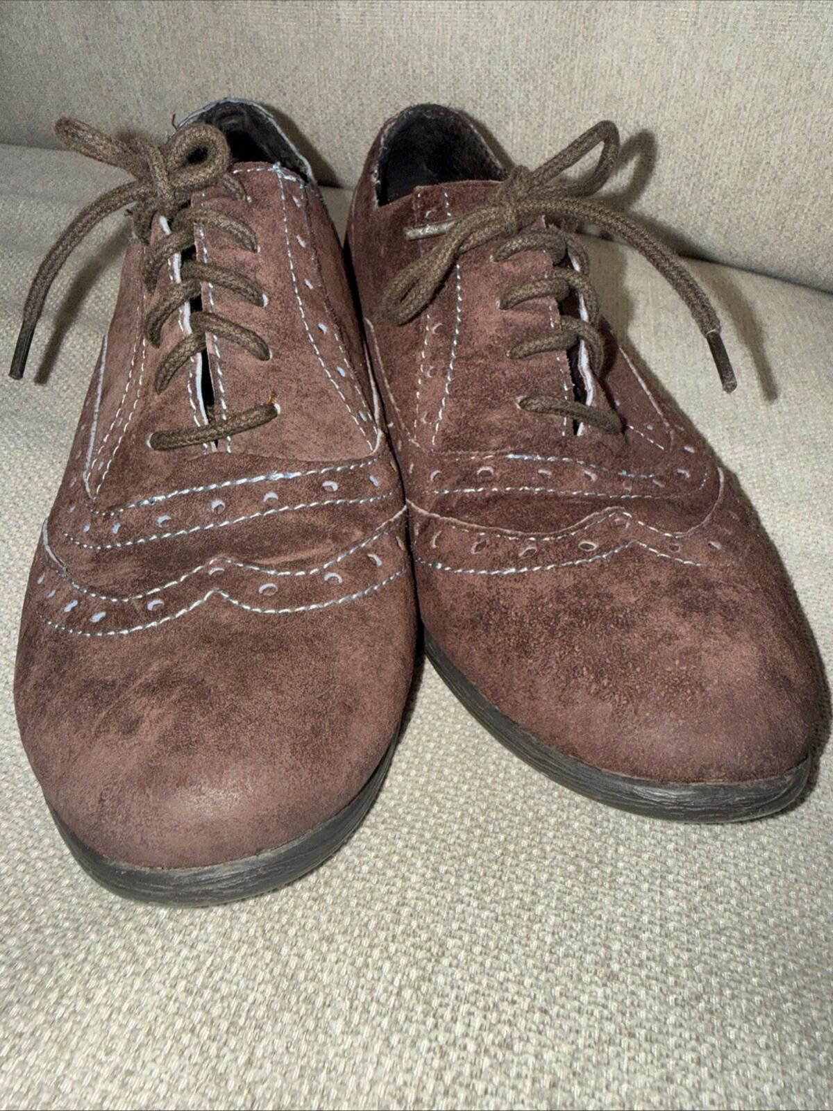 Born Born Suzette Wingtips Brown Suede Oxford Flat Blue Stitching Size US 8 / IT 38 - 5 Thumbnail