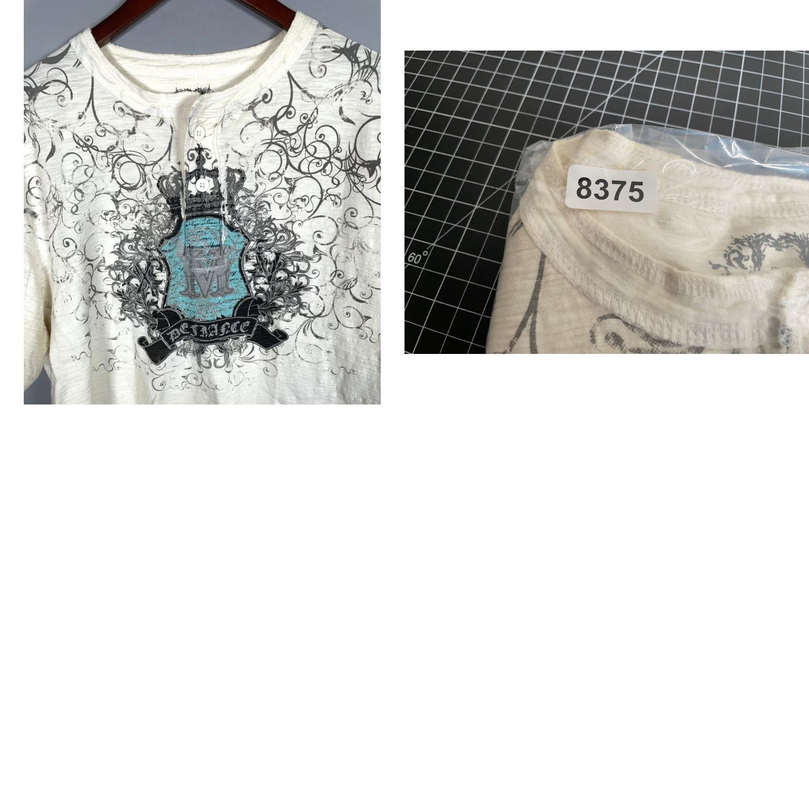Off-White VINTAGE Modern Couture T-Shirt Henley Tribal Motif Adult XL Ivory Cotton 2000s Grunge Hip Hop Retro Skull Men Size US XL / EU 56 / 4 - 8 Thumbnail