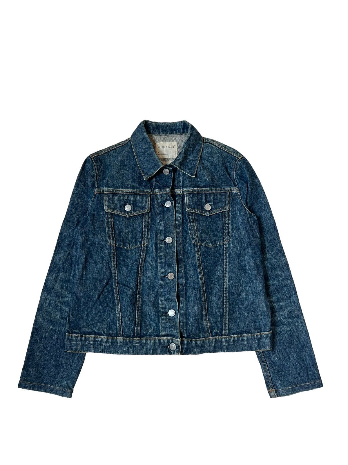 image of Og 1998 Helmut Lang Burned Washed Denim Trucker Jacket in Blue, Men's (Size Small)