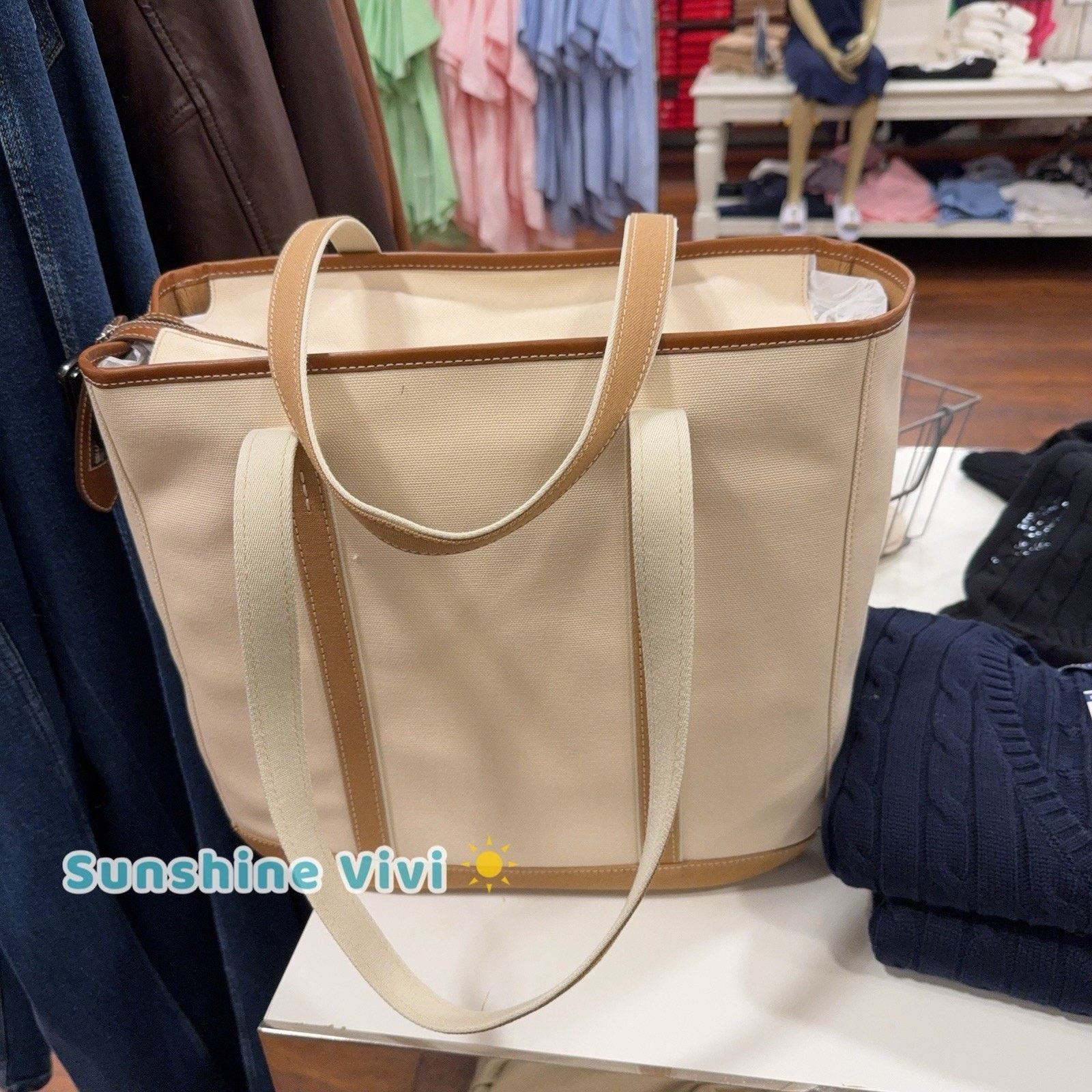 Lauren Ralph Lauren NWT Polo Ralph Lauren Leather-Trim Canvas Tote Ecru/Cuoio Size ONE SIZE - 4 Thumbnail
