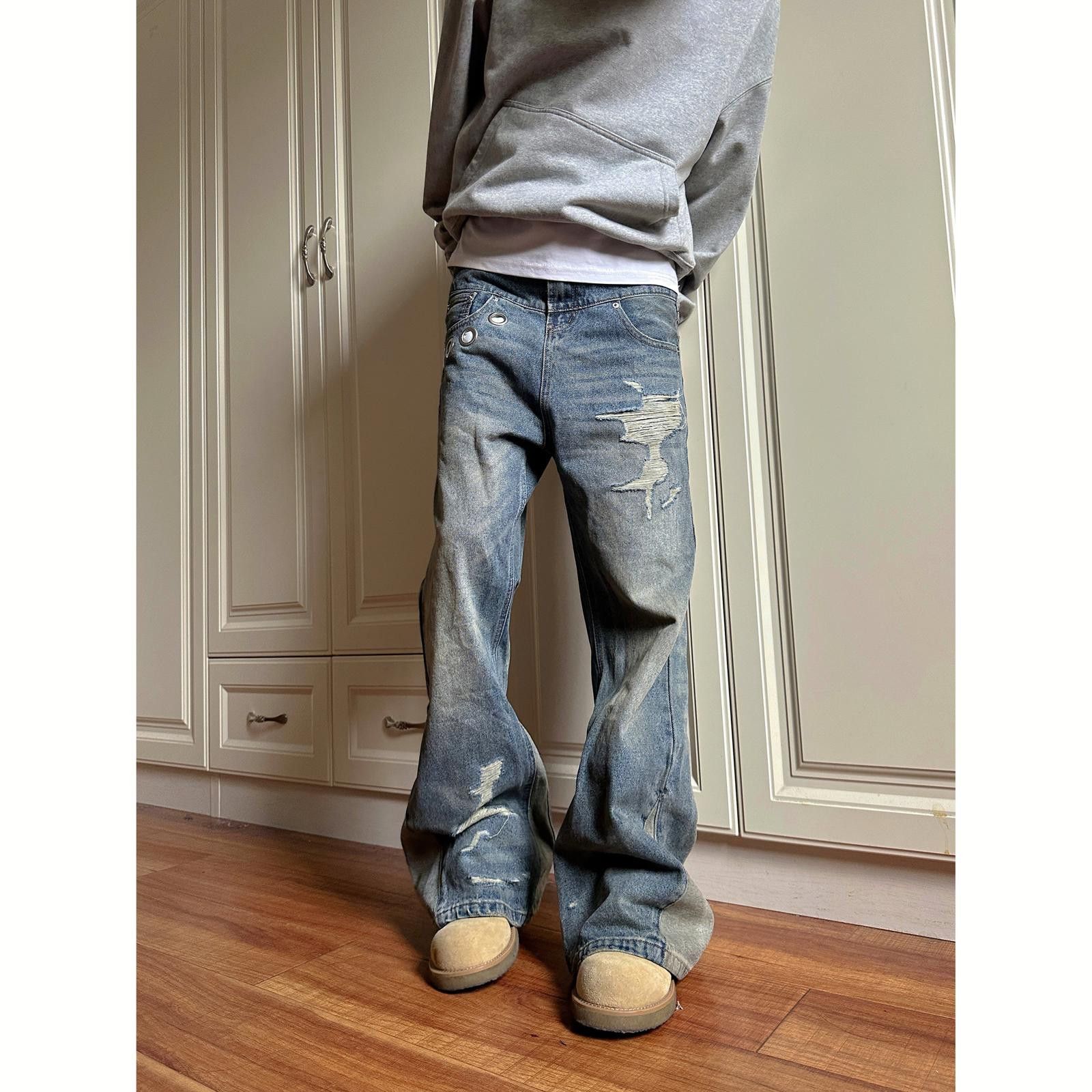 Jean Distressed Wide Leg Flare Jeans With Button Accents Size US 34 / EU 50 - 5 Thumbnail