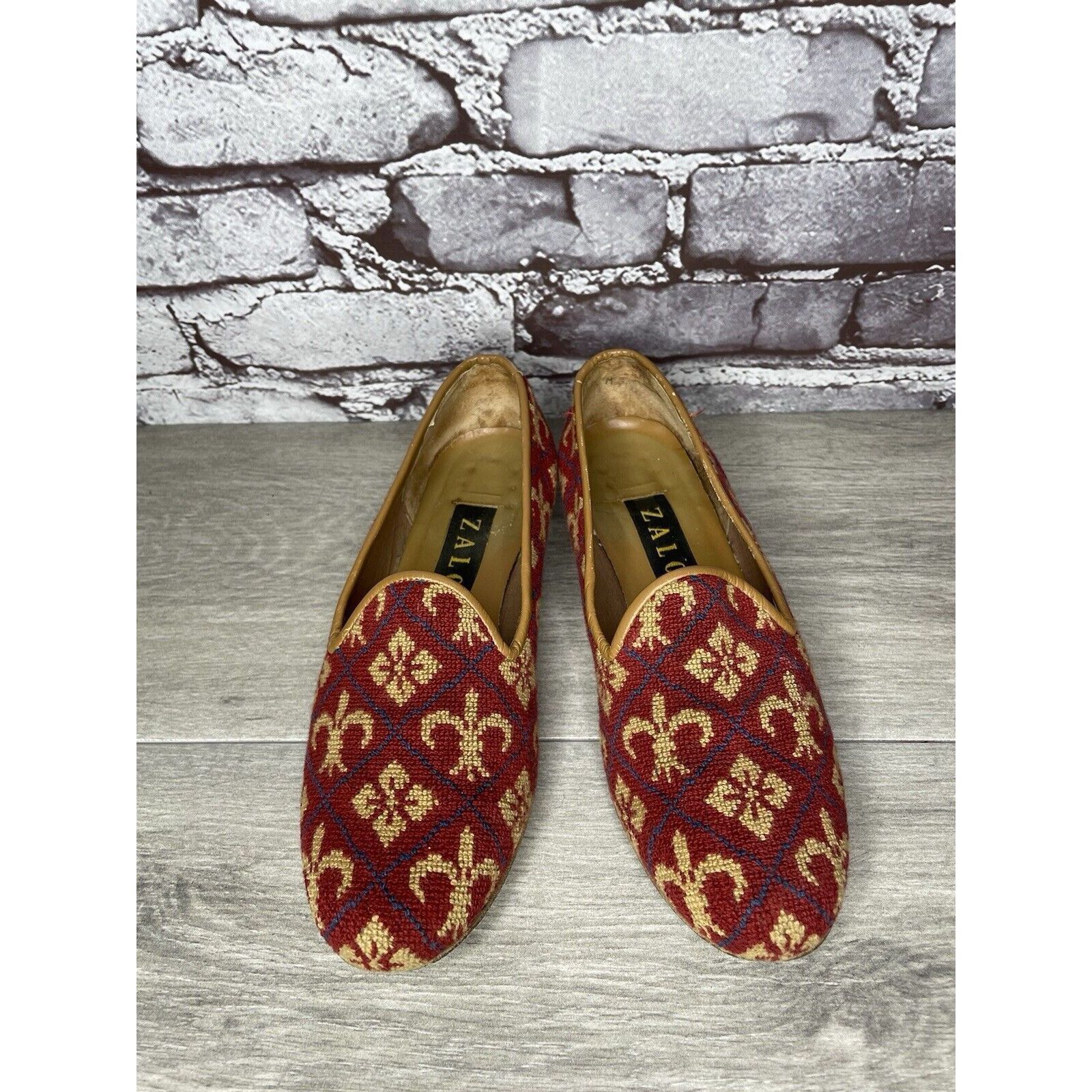 Other Zalo Red Fabric Gold Pattern Slip On Needle Loafers Shoes Wo Size US 7.5 / IT 37.5 - 18 Thumbnail