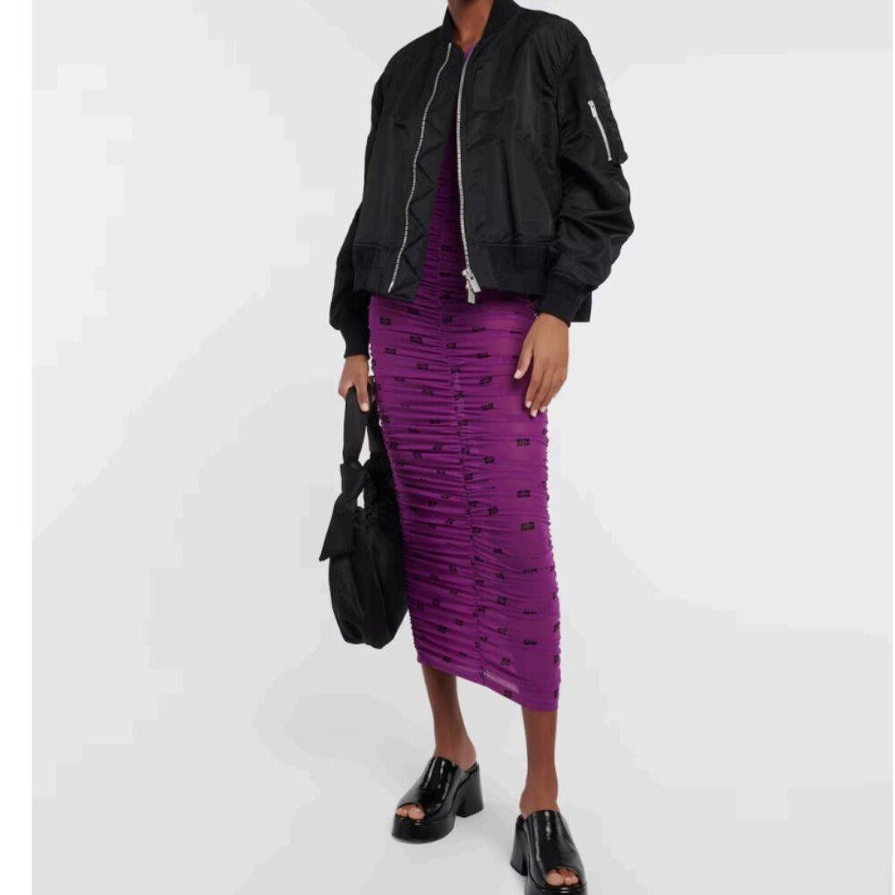 Ganni GANNI Printed Ruched Mesh Midi Dress Sparkling Grape NWT Size XS / US 0-2 / IT 36-38 - 8 Thumbnail