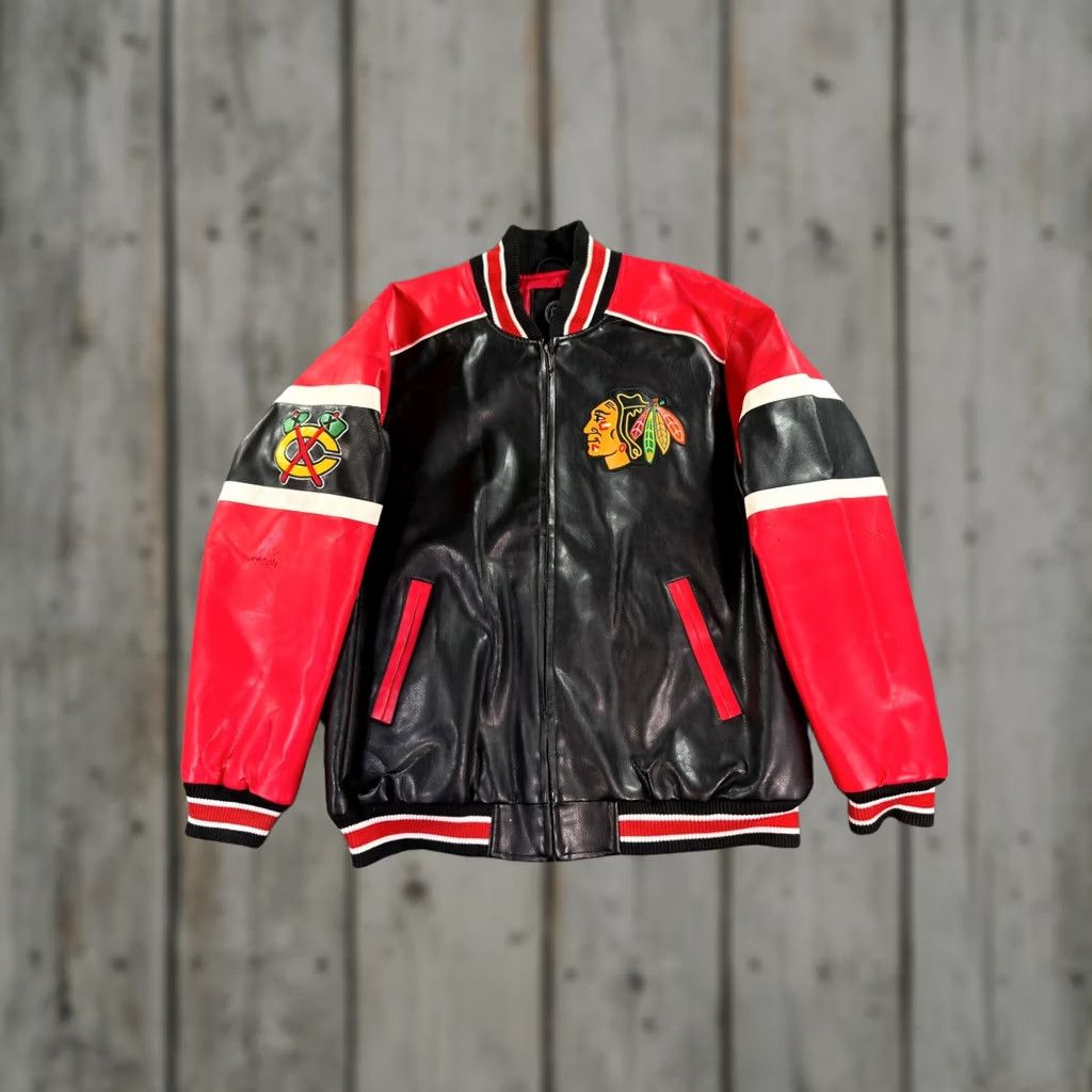 NHL Chicago Blackhawks Jacket Mens XL Black Red Faux Leather Varsity Bomber Zip NHL Size US XL / EU 56 / 4 - 1 Thumbnail