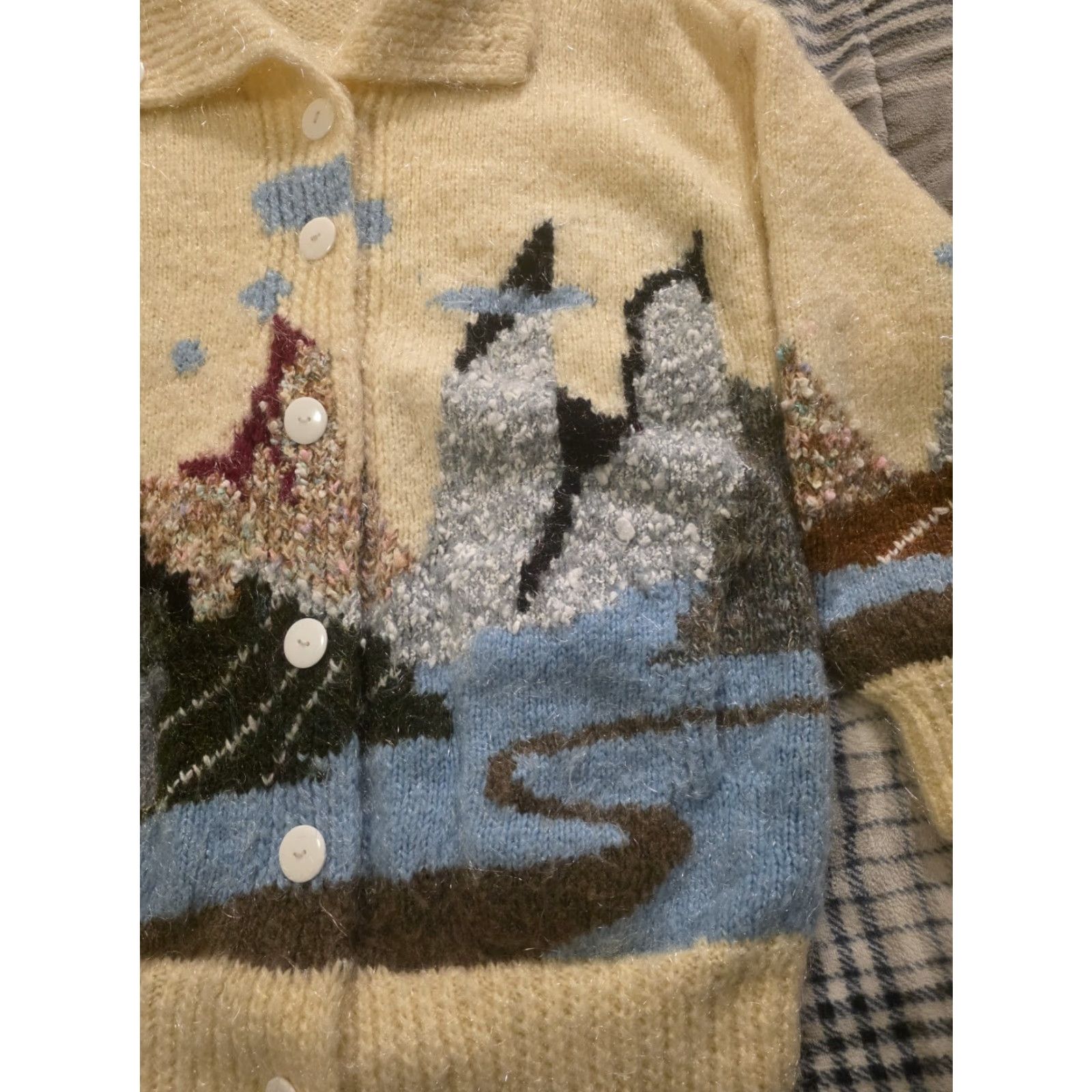 Vintage Vtg 70s Hand Knit Fuzzy Acrylic Cardigan Sweater Mountain Landscape Womens Large Size M / US 6-8 / IT 42-44 - 4 Thumbnail