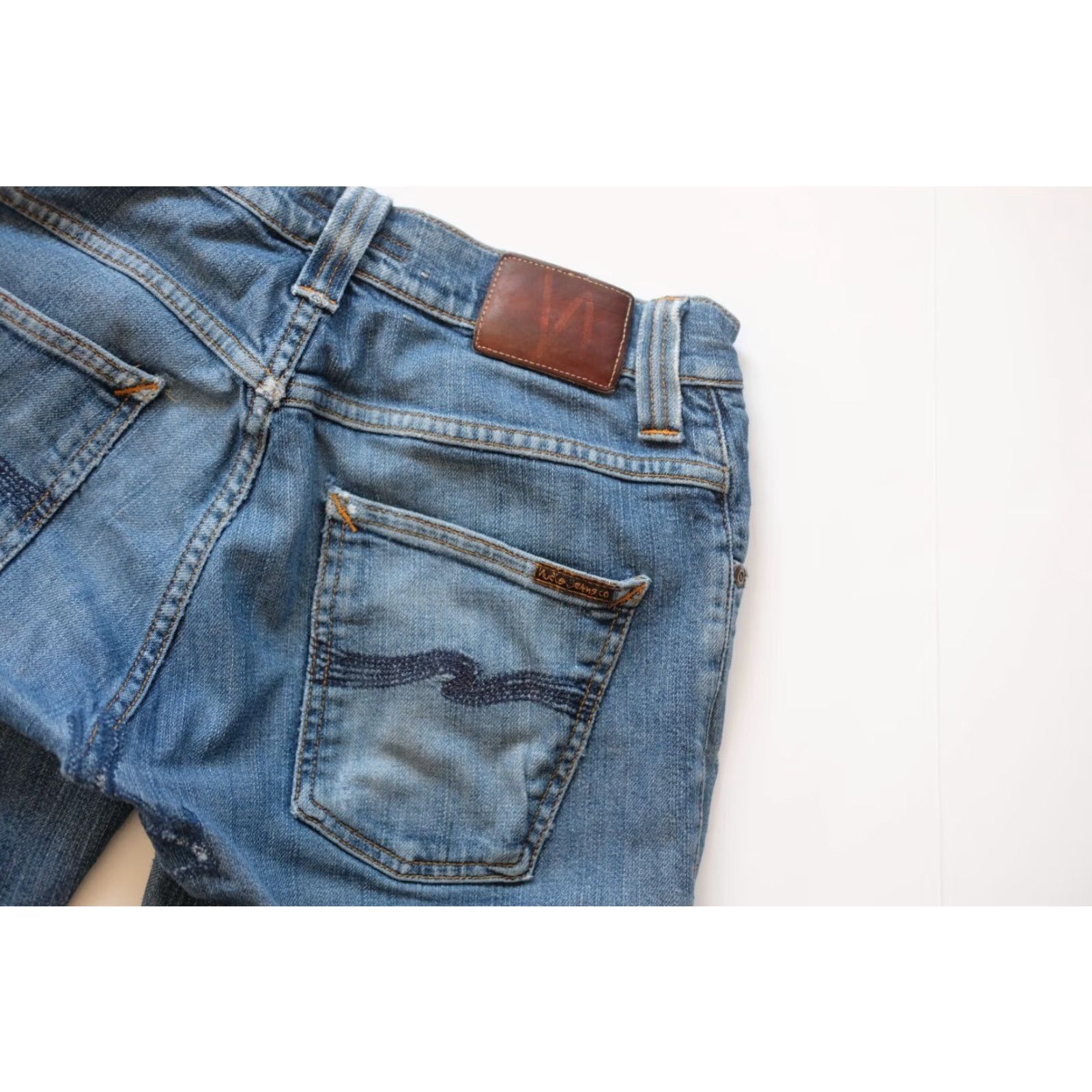 Denime NUDIE DISTRESSED JEANS REPAIRED PATCHED LIGHT BLUE VTG Y2K DENIM MENs SZ 29x34 Jeans Slim Light Blue 90s Mens 28in Waist 33in Inseam Size US 29 - 5 Thumbnail