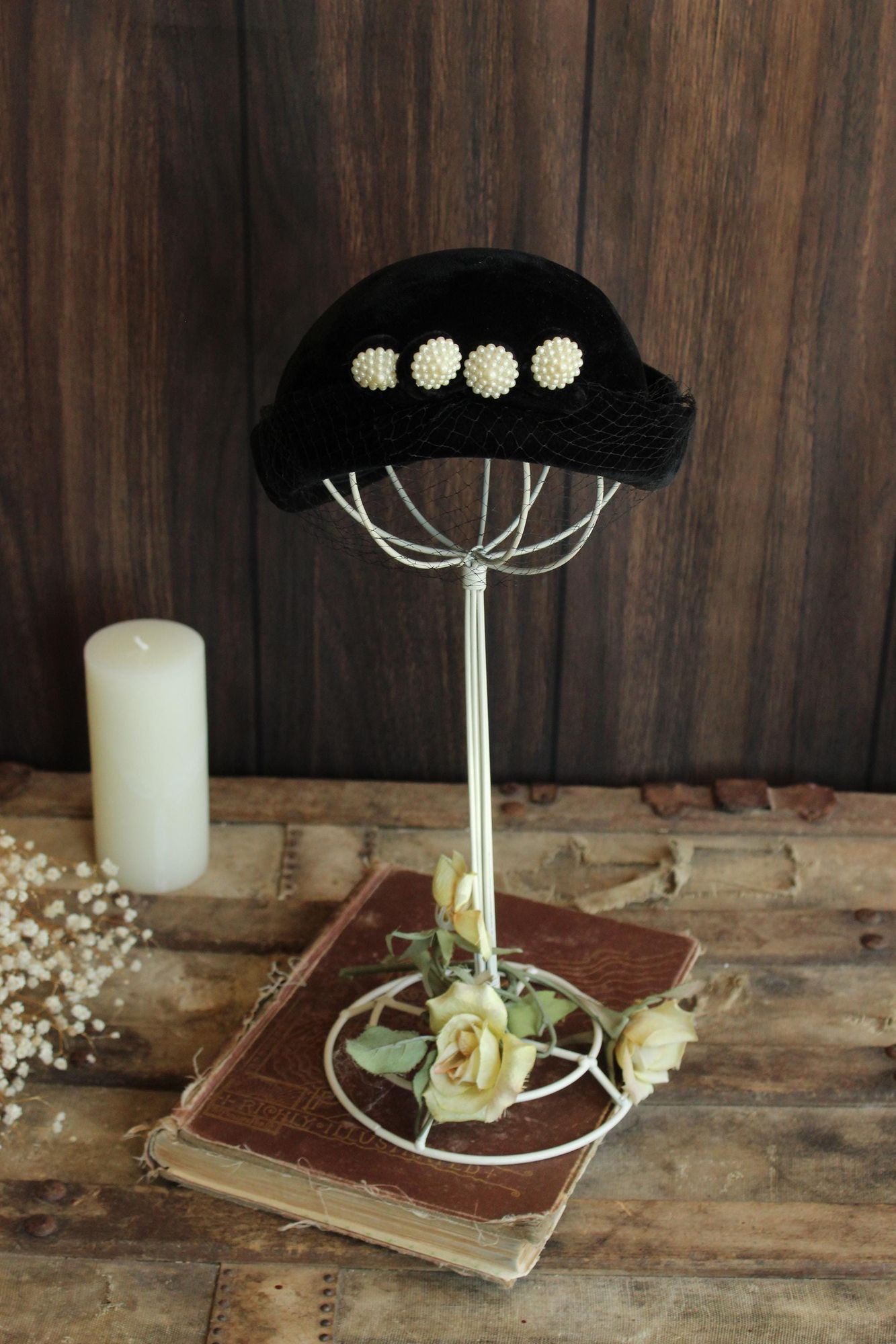 Vintage Vintage 1940s Hat, Black Small Topper with Birdcage Veil and Size ONE SIZE - 1 Thumbnail