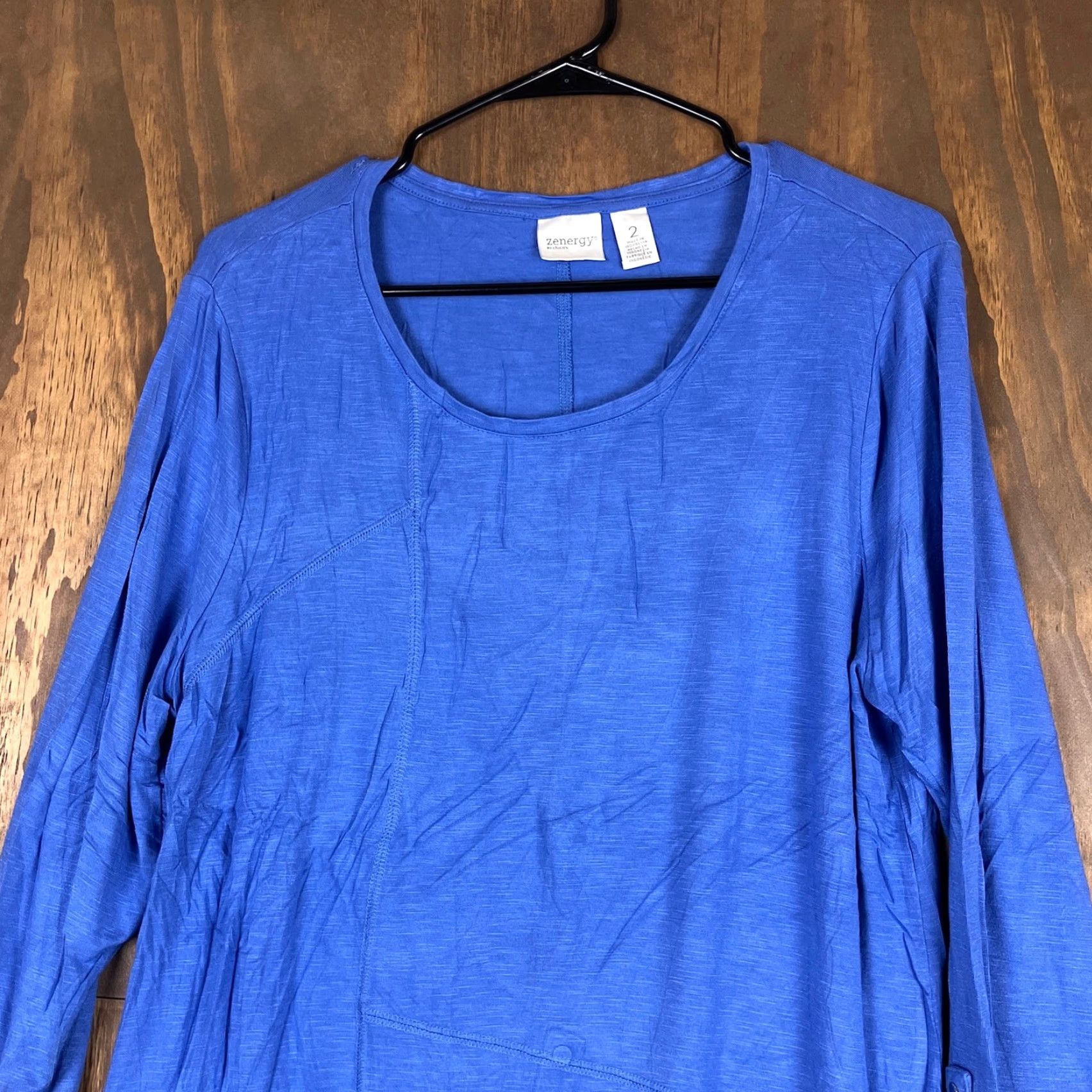 Vintage Chico's Zenergy Womens Blouse Blue Asymmetrical Tunic 3/4 Sleeve Roll Tab 2 (L) Size L / US 10 / IT 46 - 2 Thumbnail