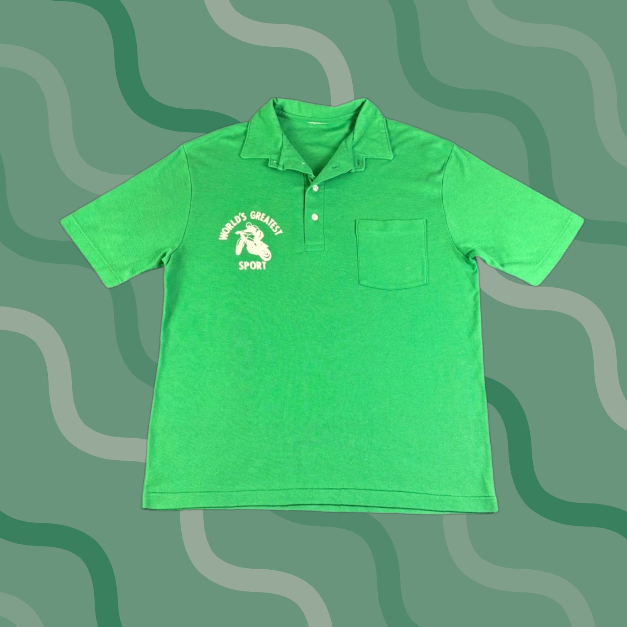 Vintage VINTAGE Polo Shirt Green Mens Medium Motorcycle Graphic Print Casual Pique Short Sleeve Collared Button Front Size US M / EU 48-50 / 2 - 1 Thumbnail