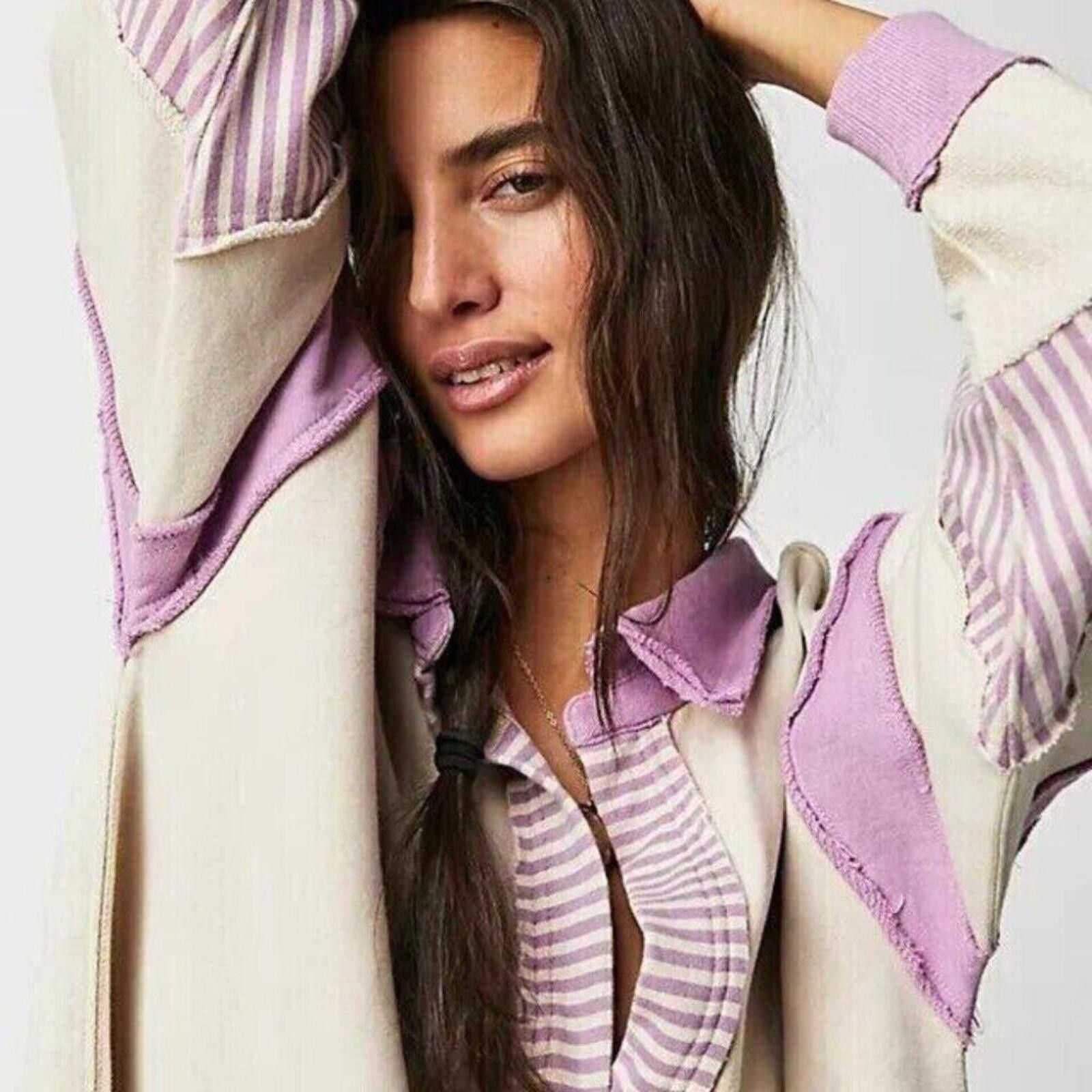 Free People Free People Cream and Lavender Oversized Pullover Sweatshirt Size S / US 4 / IT 40 - 2 Thumbnail