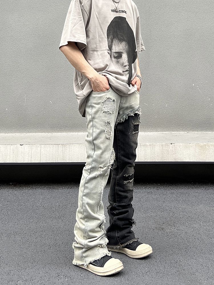 image of Straight Leg Patchwork With Rough Edges And Holes In Jeans, Men's (Size 32)
