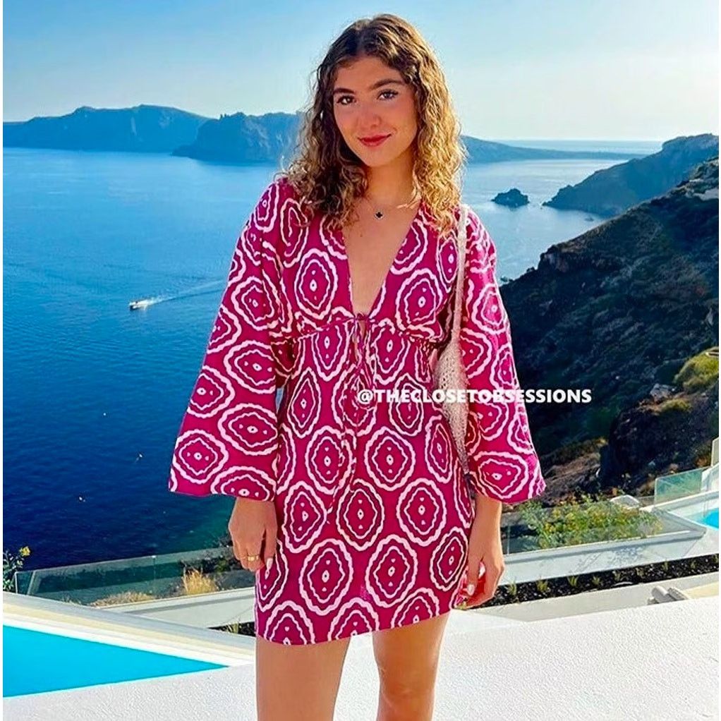 Zara ZARA Fuchsia Printed V Neck Mini Dress NWT Size S / US 4 / IT 40 - 8 Thumbnail