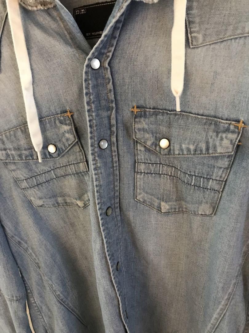 Number (N)ine Hooded Denim Button Up Shirt Size US L / EU 52-54 / 3 - 4 Thumbnail