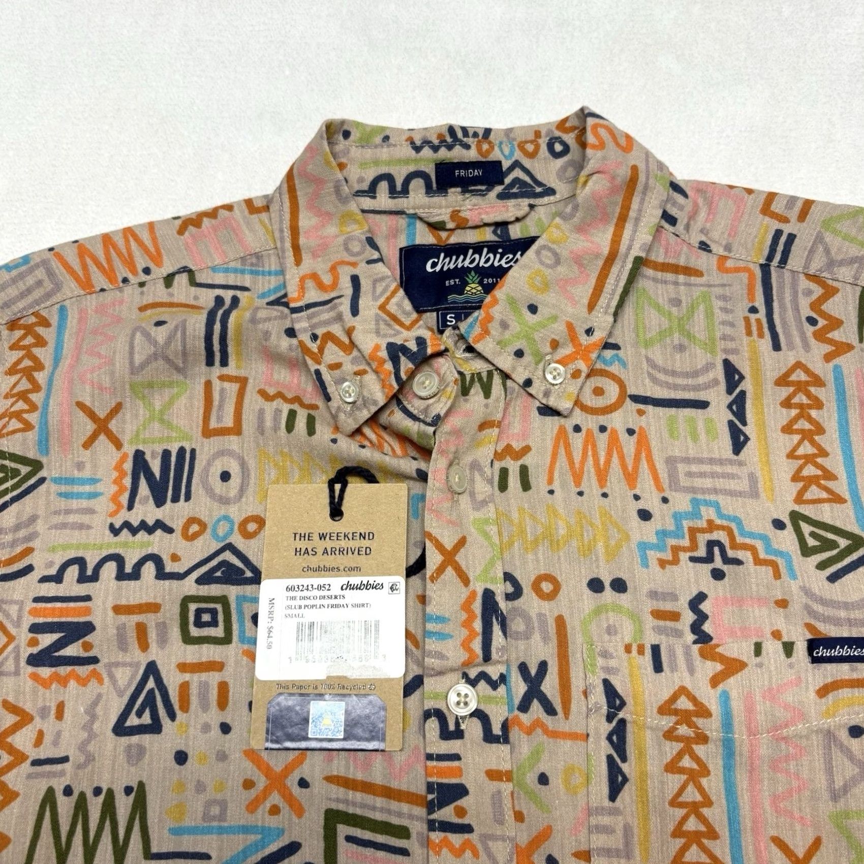Chubbies Chubbies Shirt Mens S Tan Disco Slub Poplin Resort Geometric Print Short Sleeve Button Size US S / EU 44-46 / 1 - 4 Thumbnail