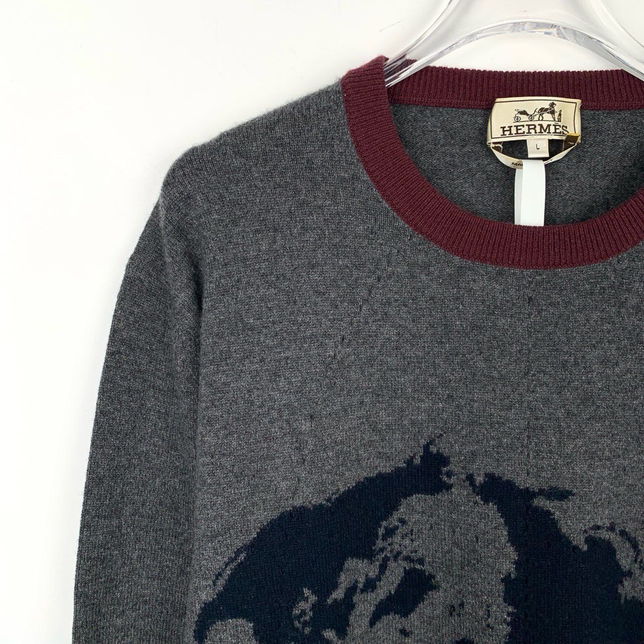 Hermes Hermès Gray Wool Sweater With Burgundy Trim & World Map Grap Size US L / EU 52-54 / 3 - 3 Thumbnail