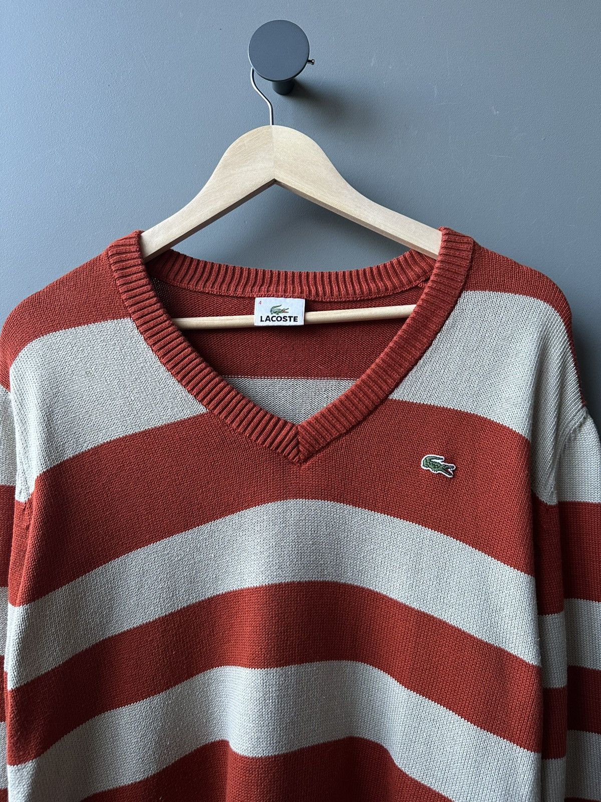 Lacoste Lacoste V-Neck Stripped Cotton Sweater Size 4 Size US L / EU 52-54 / 3 - 2 Thumbnail
