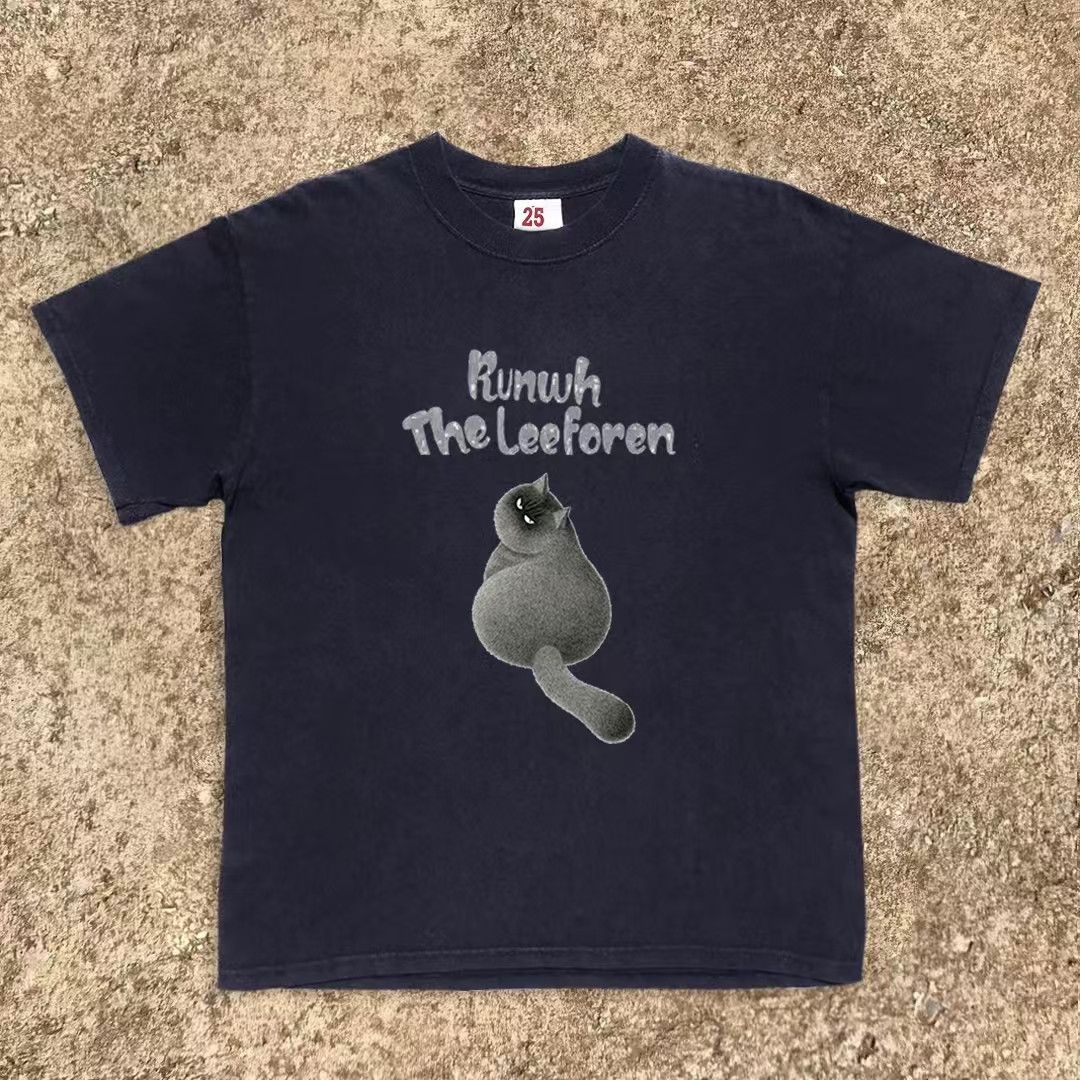 Vintage Dark blue casual retro cat print loose t-shirt Size US M / EU 48-50 / 2 - 1 Thumbnail