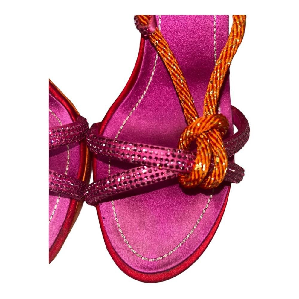 Designer Rene Caovilla Pink/Orange Rhinestone Platform Tie Heels 9.5 Size US 9.5 / IT 39.5 - 4 Thumbnail