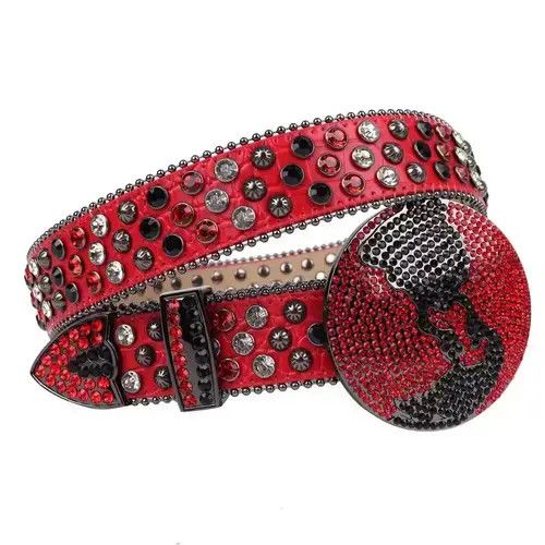 Japanese Brand × Vintage y2k red studded rhinestone leather belt Size 36 - 2 Thumbnail