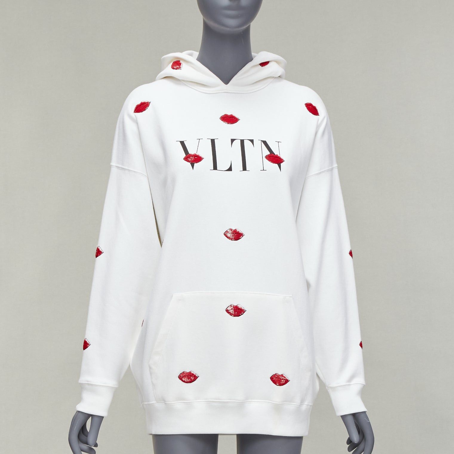 Valentino VALENTINO VLTN Le Rouge Kisses white red sequin lips embroidery oversized hoodie XXS Size XS / US 0-2 / IT 36-38 - 1 Thumbnail