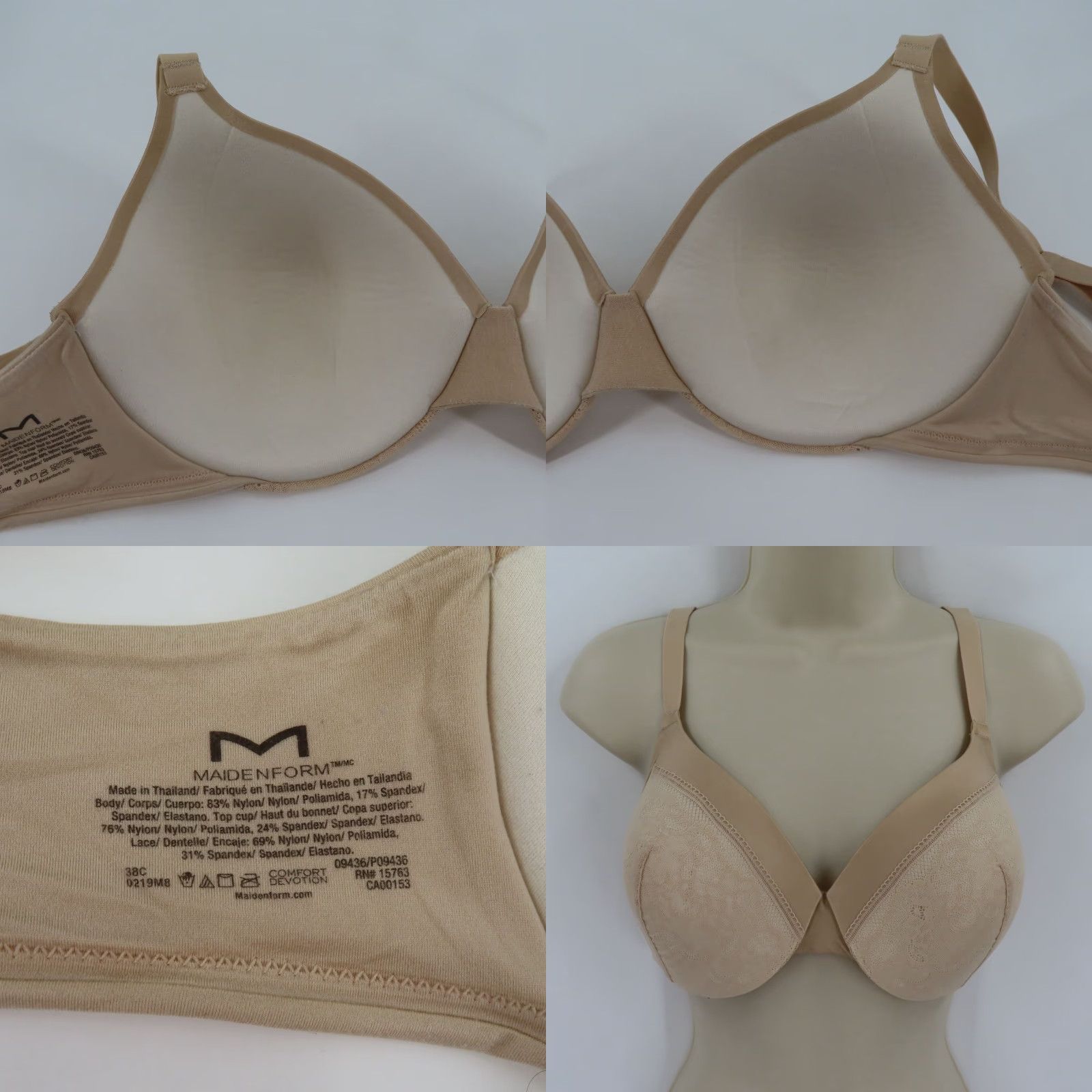 Vintage Maidenform Bra 38C Comfort Devotion Beige Underwire Padded T-Shirt Style 09436 Womens Size ONE SIZE - 8 Thumbnail