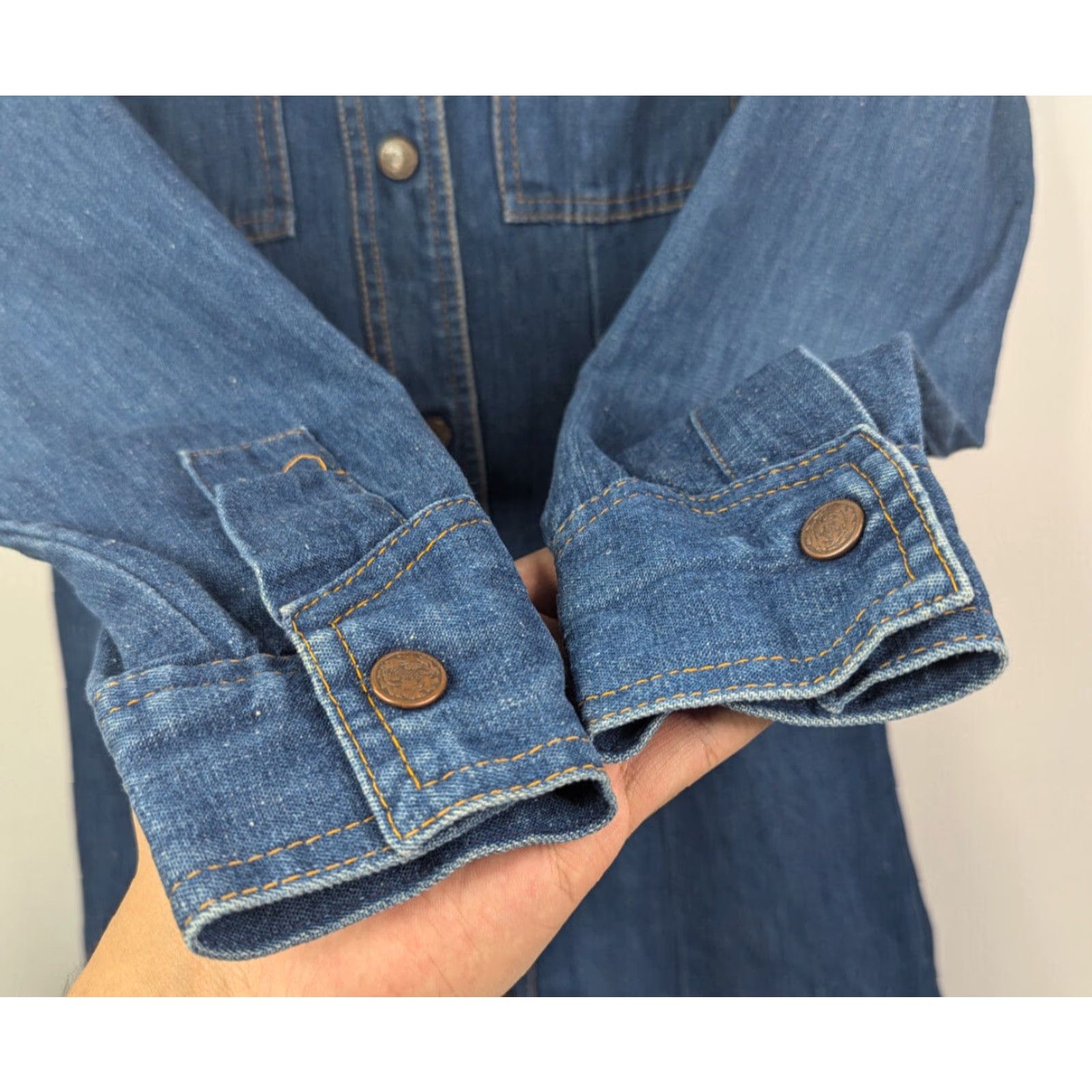 Denime Vintage Foxmoor Western Denim Shirt Dress 5/6 Blue Duster Collar 1970s Jeans Dagger Look Mens Womens Boys Girls Size 27" / US 4 / IT 40 - 2 Thumbnail