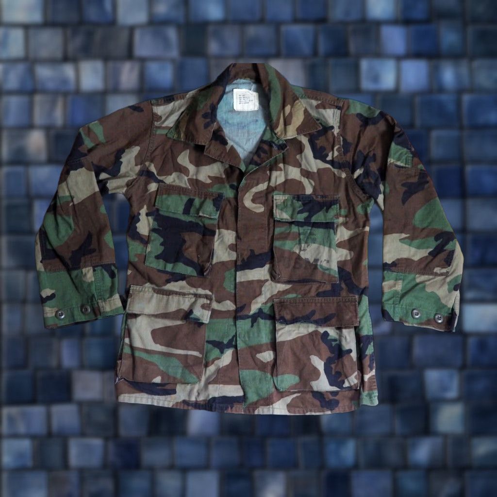 Vintage VTG 80s US Military BDU USMC Stencil Marines Woodland Camo Button Jacket S Short Mens Regular Cotton Canvas Size US 29 - 1 Thumbnail