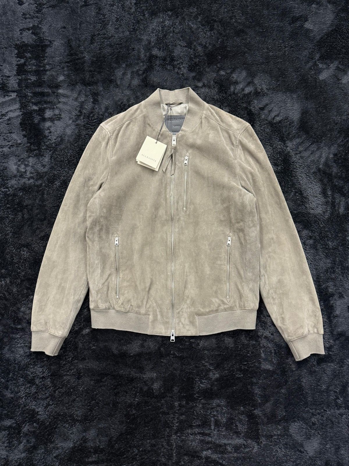 AllSaints Kemble Suede Bomber Jacket – Smoke Grey – Size L