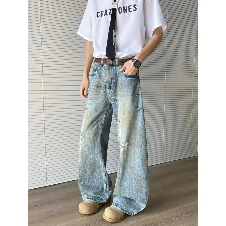 Japanese Brand Retro loose straight leg ripped jeans Size US 32 / EU 48 - 6 Thumbnail